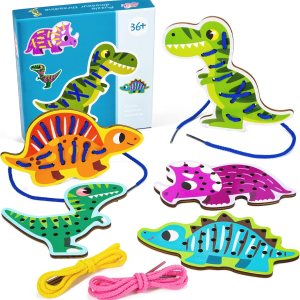 Atoylink Paquete de 5 tarjetas de cordón de dinosaurio de madera para niños pequeños, juguetes de viaje, juegos preescolares, habilidades motoras Atoylink Paquete de 5 tarjetas de cordón de dinosaurio de madera para niños pequeños, juguetes de viaje, juegos preescolares, habilidades motoras
