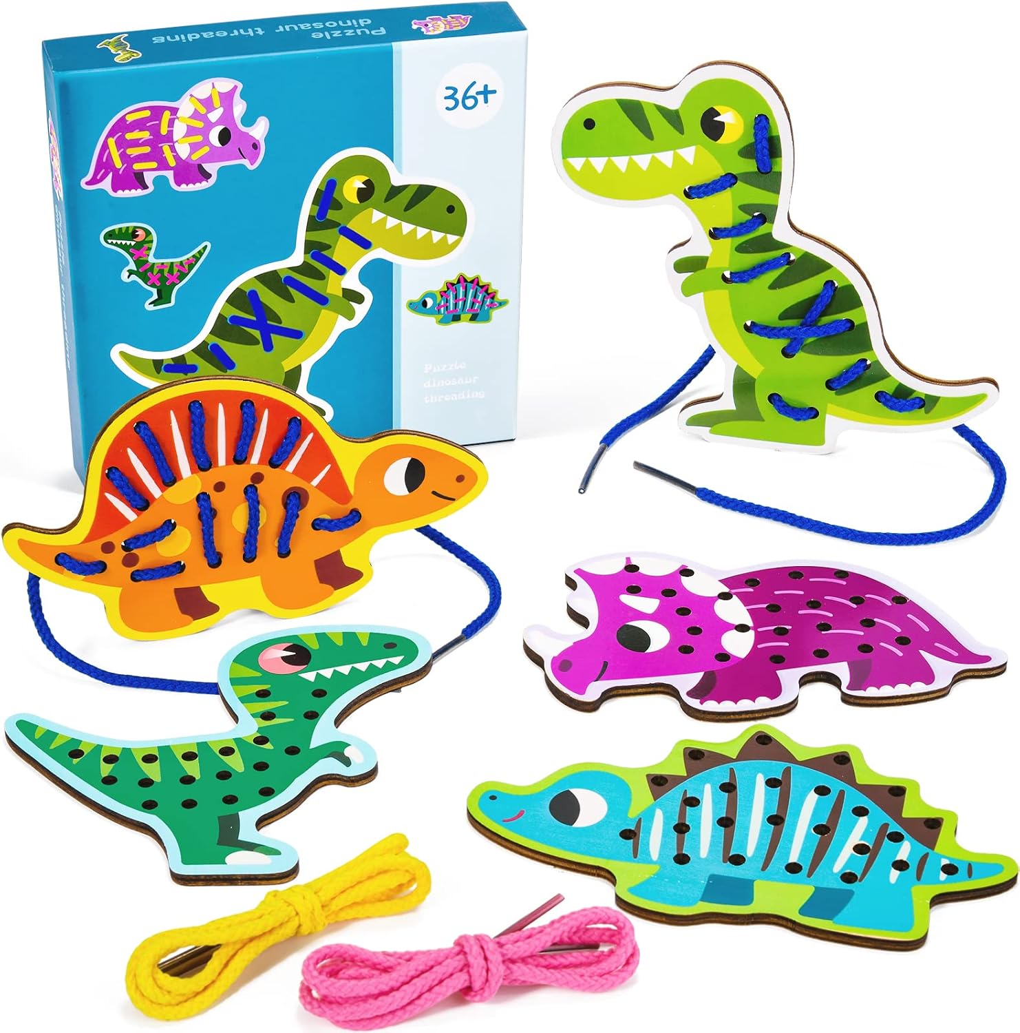Atoylink Paquete de 5 tarjetas de cordón de dinosaurio de madera para niños pequeños, juguetes de viaje, juegos preescolares, habilidades motoras