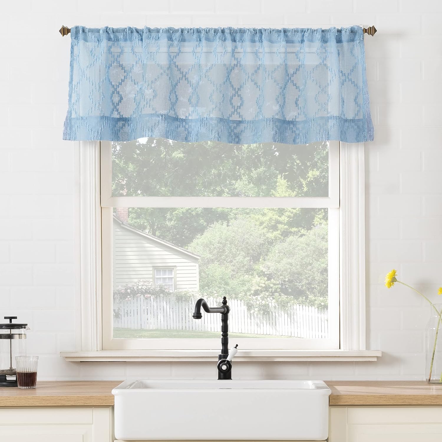 No. 918 Tina – Juego de cenefas y niveles de cortina de cocina semitransparentes con recortes geométricos, 54 x 36 pulgadas, azul tranquilo