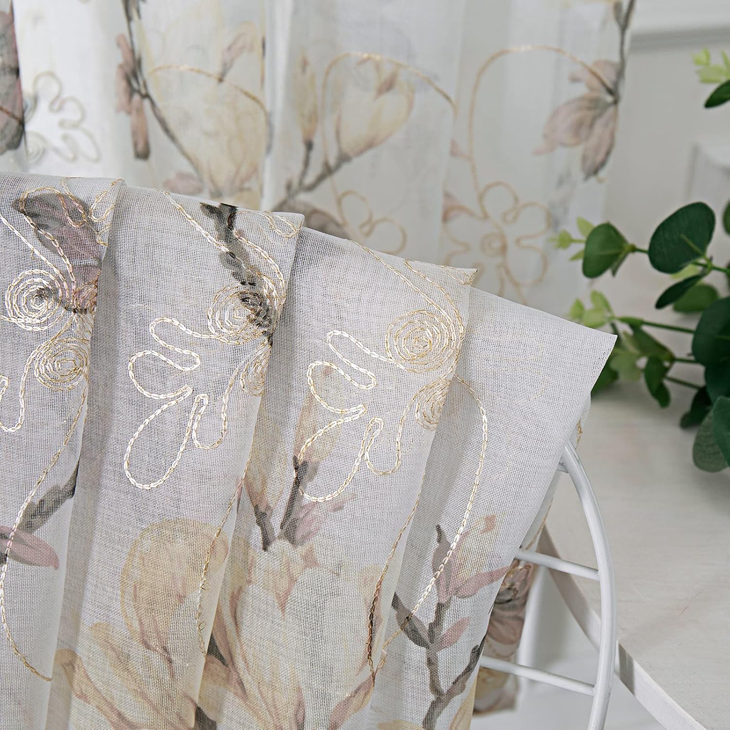 Tollpiz – Cortinas de gasa con estampado de flores y bordado de enredadera, con bolsa para barra, cortinas Voile para ventana, para sala de estar,