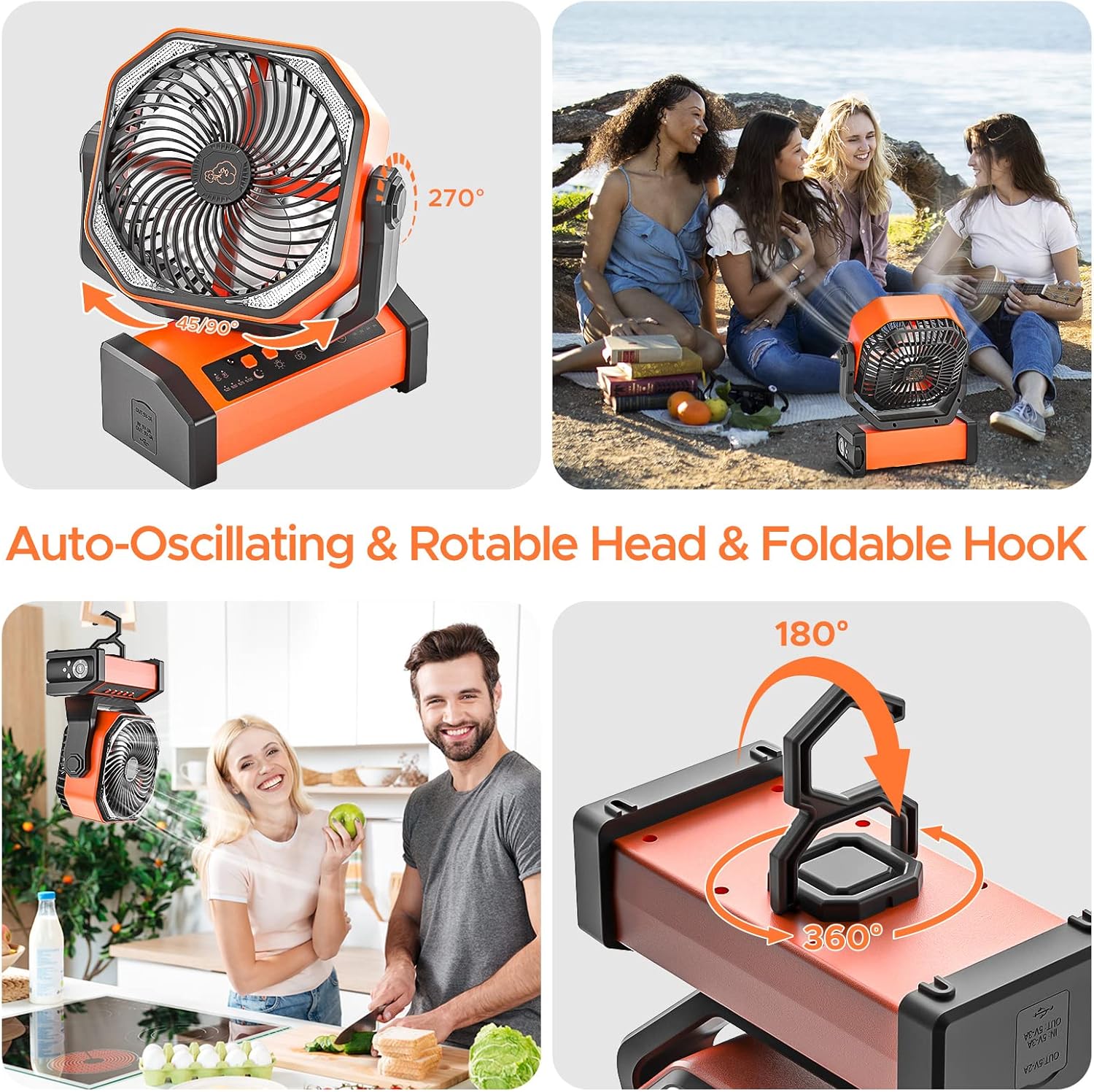 Green Box Innovations Ventilador oscilante automático de 20000 mAh, ventilador de campamento recargable con linterna LED y gancho, adecuado para