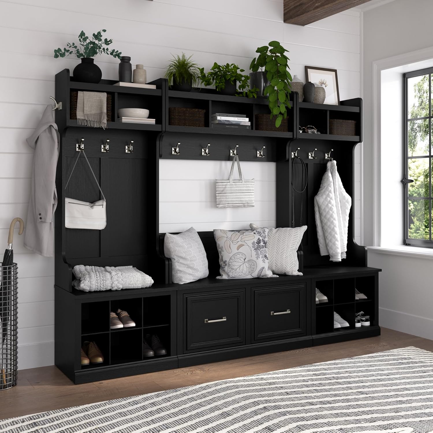 Bush Furniture Woodland – Banco de zapatos pequeño con cajón  Organizador estrecho de calzado para entrada del hogar, vestíbulo y vestíbulo, 24 W,