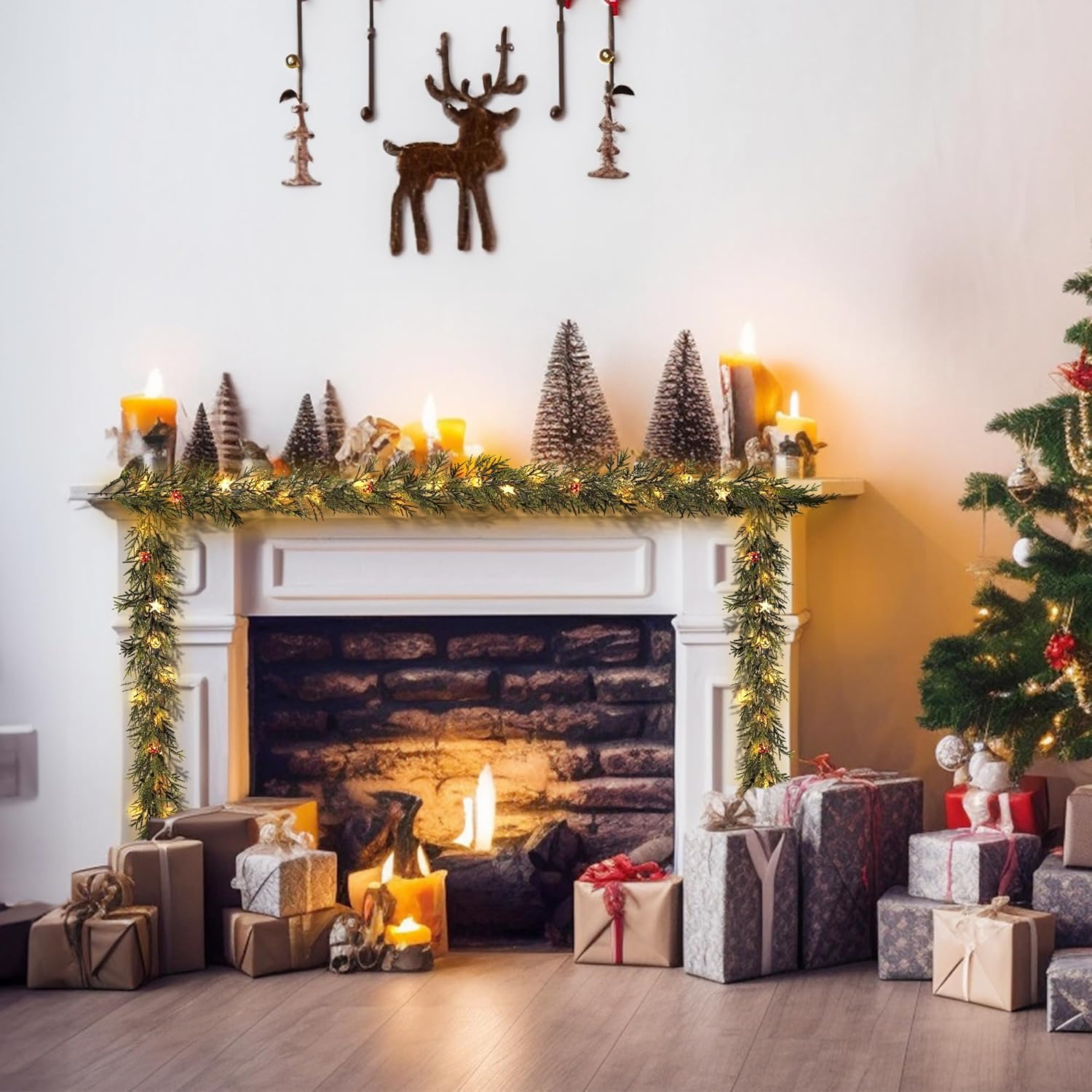 Guirnalda de Navidad artificial de 6 pies, guirnalda de abeto sintético de hoja perenne con 20 luces LED, adornos de bolas de oro rojo y estrellas,