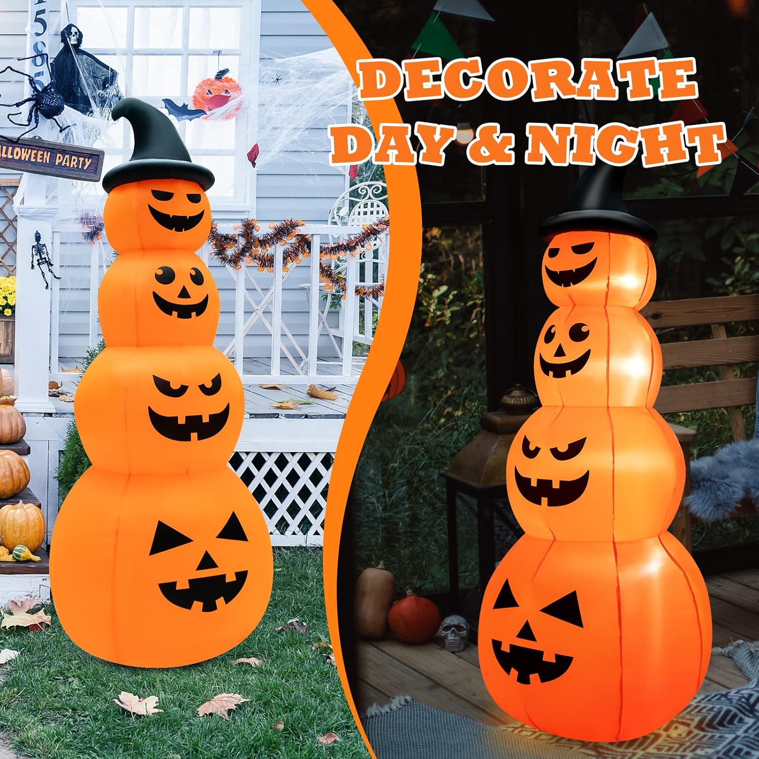 GOFLAME Calabazas inflables apiladas de Halloween de 8 pies con sombrero de bruja, decoración navideña inflable con luces LED integradas, soplador