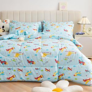 Mooreeke Juego de cama en una bolsa para niños y adolescentes, juego de cama de 5 piezas con estampado de aviones de tamaño individual con fundas, Mooreeke Juego de cama en una bolsa para niños y adolescentes, juego de cama de 5 piezas con estampado de aviones de tamaño individual con fundas,