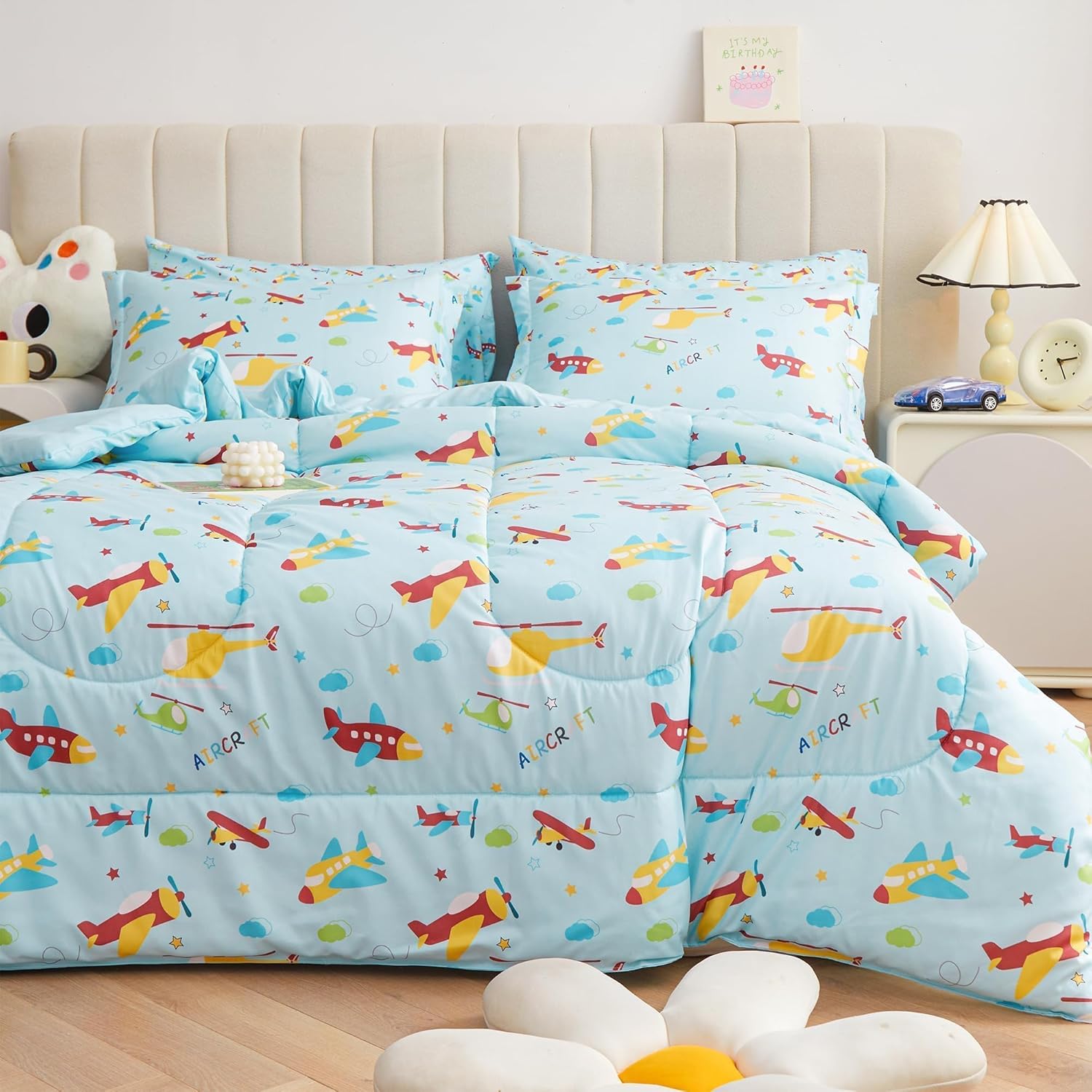 Mooreeke Juego de cama en una bolsa para niños y adolescentes, juego de cama de 5 piezas con estampado de aviones de tamaño individual con fundas,