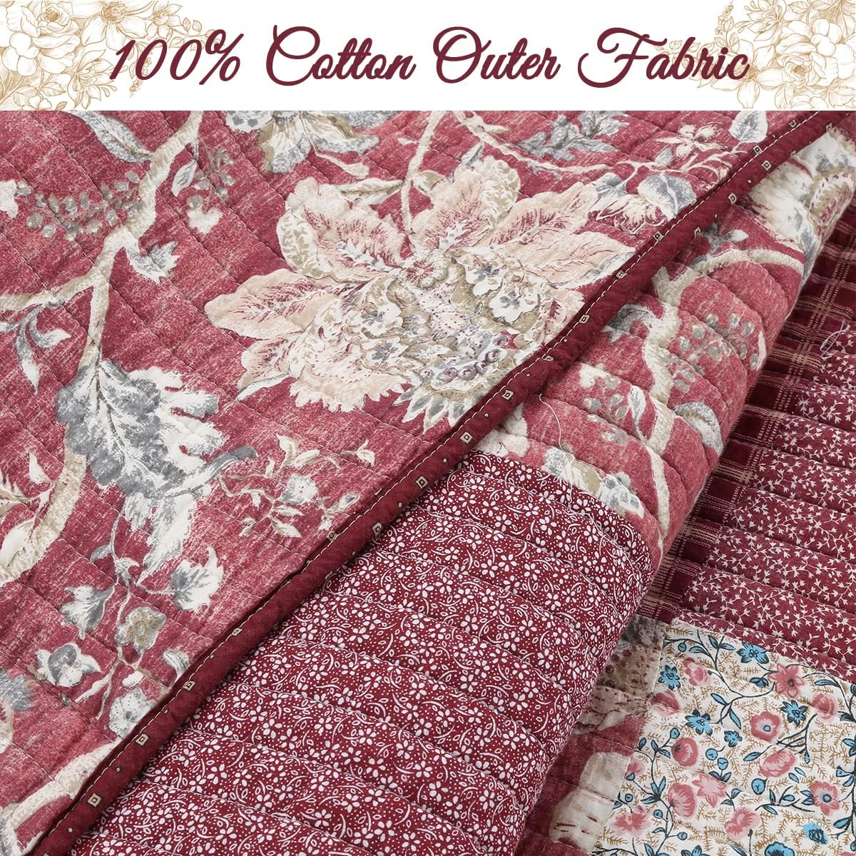 Cozy Line Home Fashions Juego de ropa de cama reversible de 100% algodón, diseño de retazos rojos y flores a cuadros, colcha (jardín vintage, King,