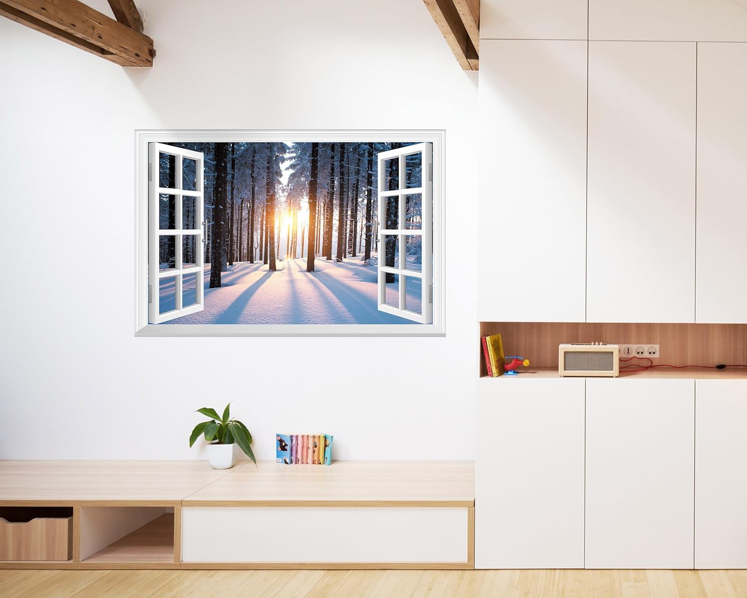FLFK Mural de pared falso para ventana, adhesivo de pared de nieve de bosque para decoración de pared, calcomanías de pared para pegar y despegar,