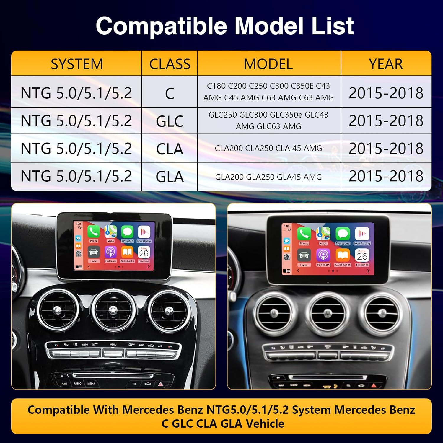 NINETOM Kit de reequipamiento inalámbrico Carplay Decodificador para Mercedes Benz NTG5.0 C GLC CLA GLA Clase W205 2015-2018 año, soporte Android