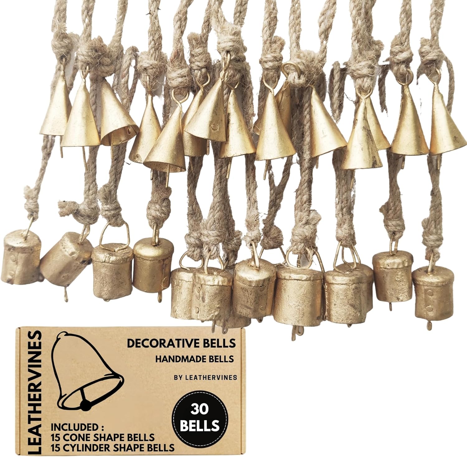Campanas de vaca pequeñas rústicas rústicas de metal de la suerte hechas a mano con cuerda de yute de 1.6 in, paquete de 30 campanas de mezcla con