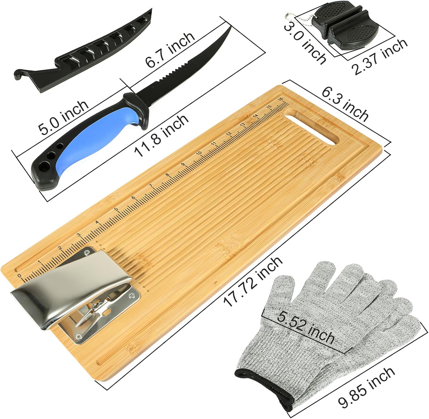 Tabla de limpieza de pescado, tabla de filete de pescado con abrazadera, cuchillo de filete y guantes, tabla de medición de pesca portátil de 18