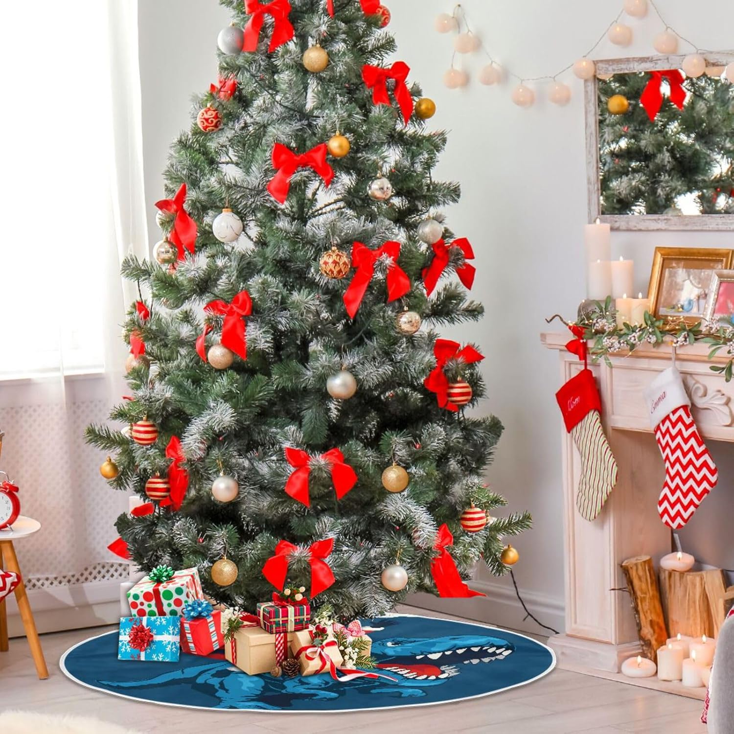 Falda de árbol de Navidad de dinosaurio de Papá Noel, falda de árbol de Navidad, falda de árbol de Navidad de 3 pies, decoraciones para árbol
