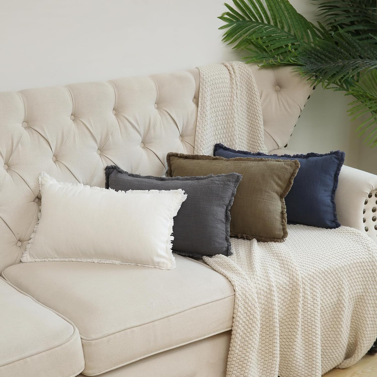 Hckot Funda de almohada de lino de 20 x 20 pulgadas, funda de almohada lumbar azul marino con borlas y flecos, cojines decorativos rústicos para