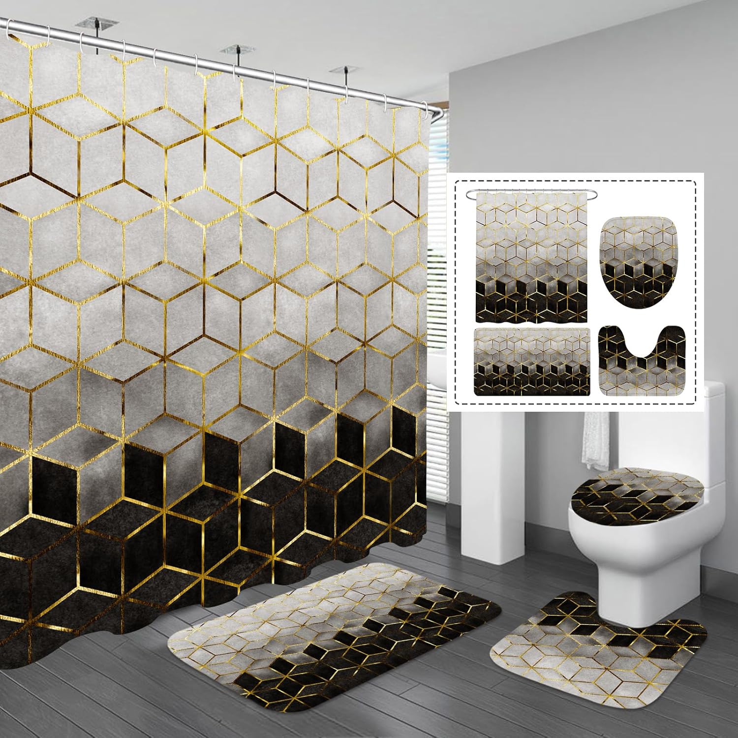 Gibelle Juego de 4 cortinas de ducha de baño con alfombras antideslizantes, cubierta para tapa de inodoro y tapete de baño, líneas cúbicas doradas