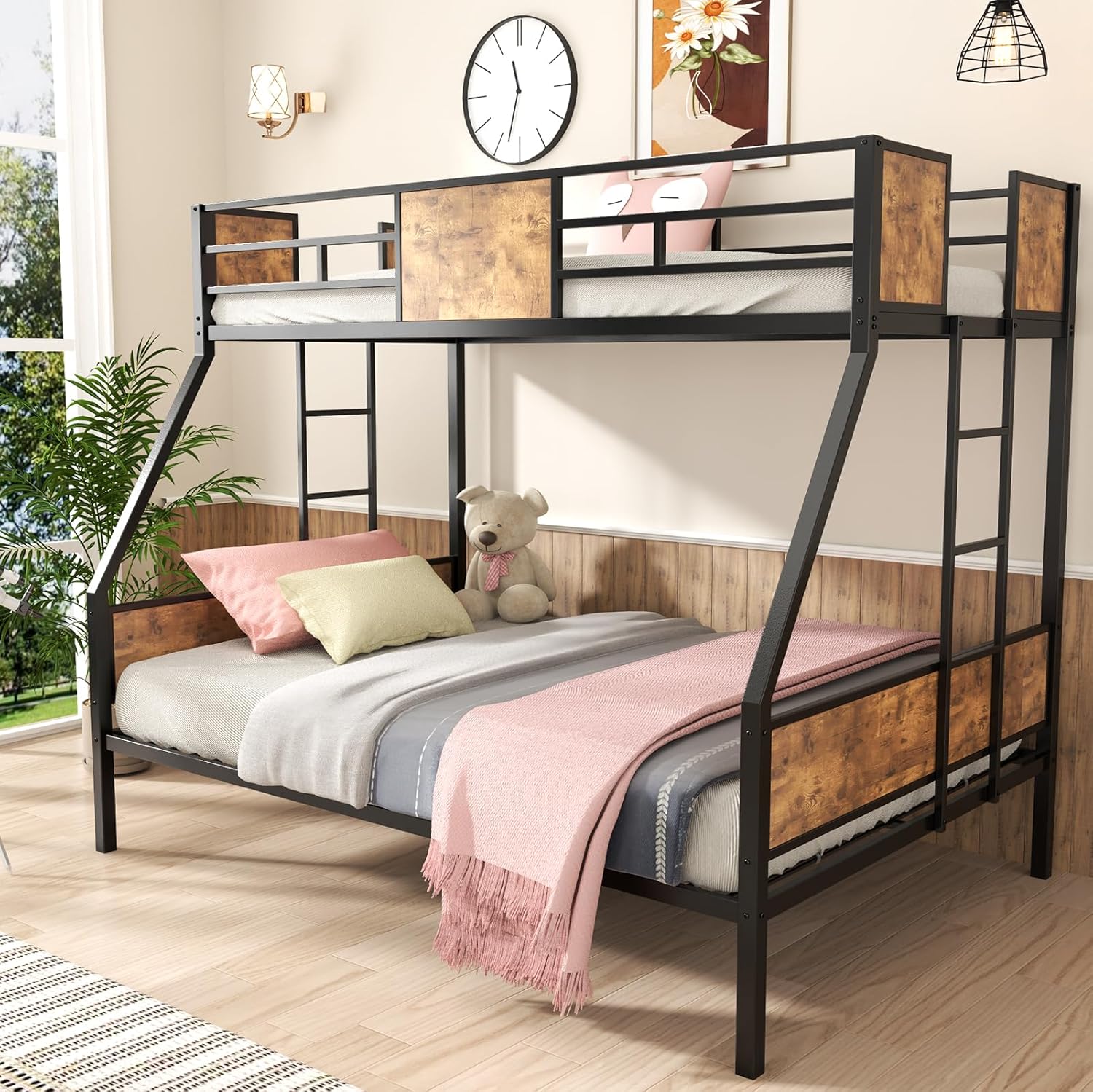 Zevemomo Litera de tamaño individual sobre matrimonial, base de cama de metal con barandilla de seguridad, literas de estilo moderno para niños,