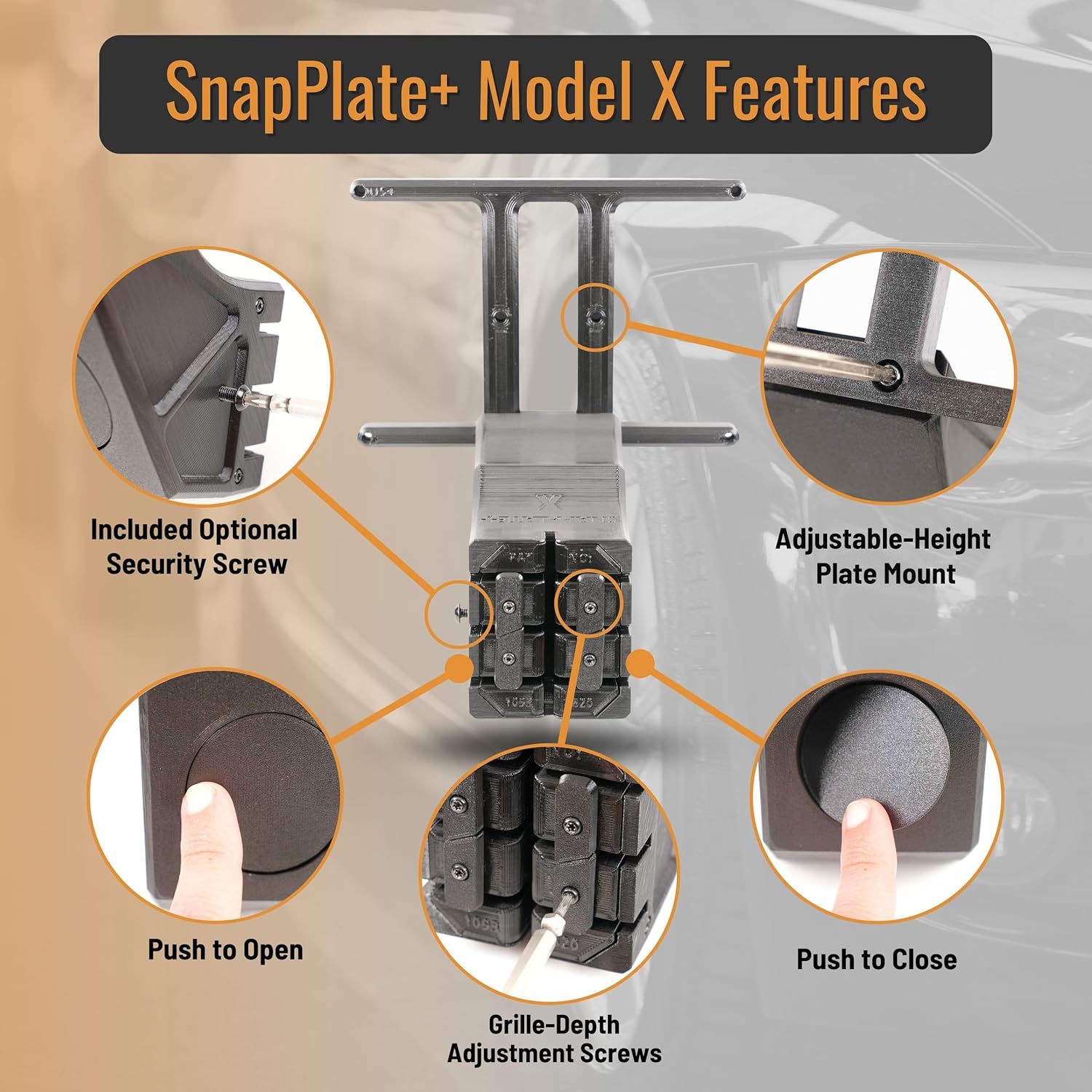 SnapPlate + (Modelo X) Soporte para placa frontal  Fuerza optimizada, antirrobo, extraíble, altura ajustable, fabricado y patentado en Estados
