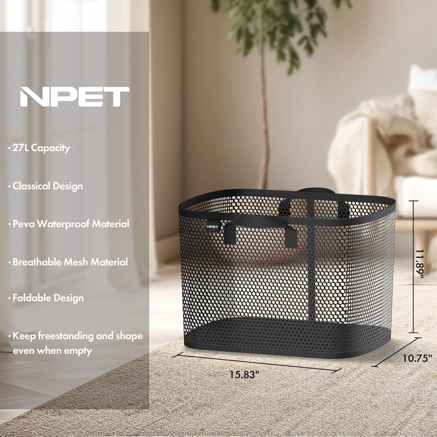 NPET Cesta de lavandería plegable de 27 litros con material impermeable de PEVA, bolsa de almacenamiento para ropa, dormitorio y hogar