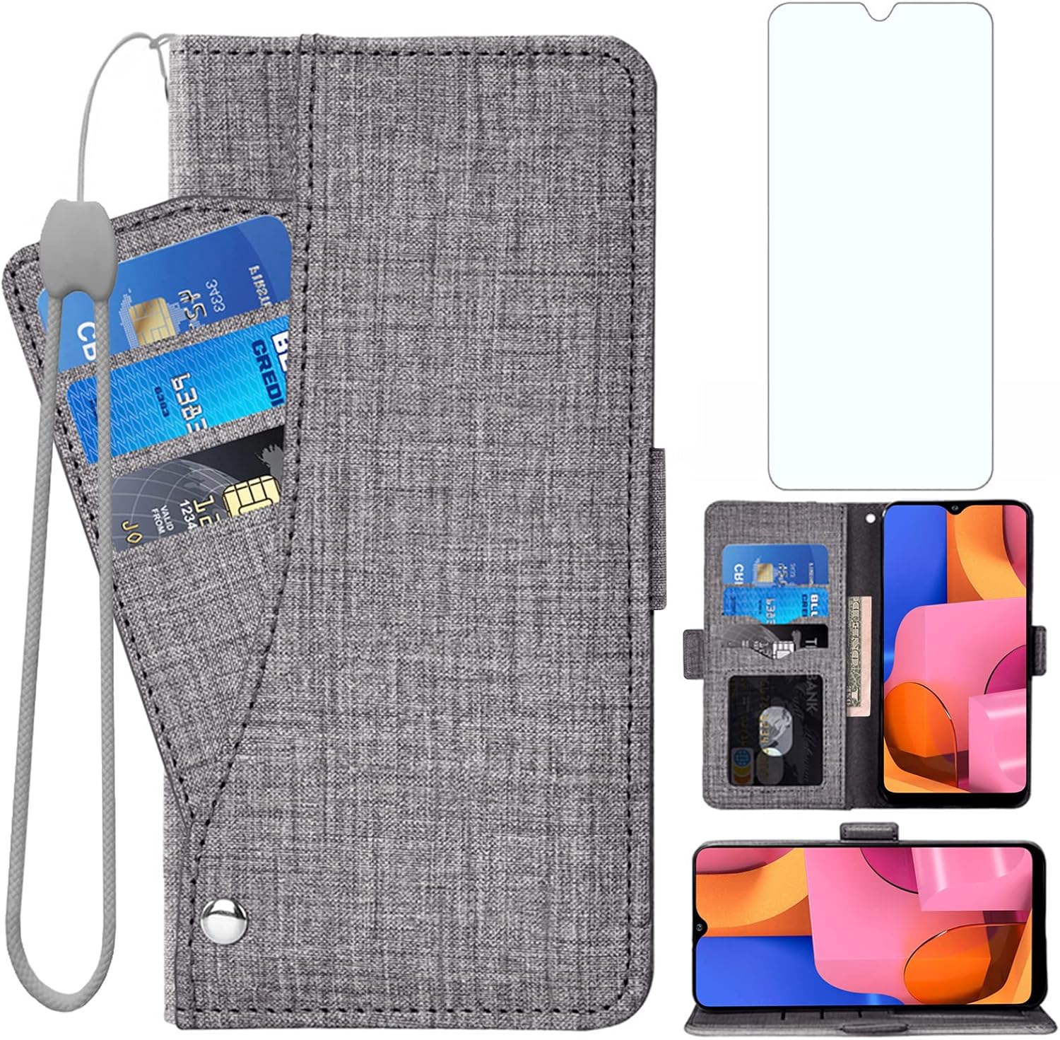 Asuwish Funda compatible con Samsung Galaxy A20s, protector de pantalla de vidrio templado, soporte para tarjetas, accesorios celulares, fundas para
