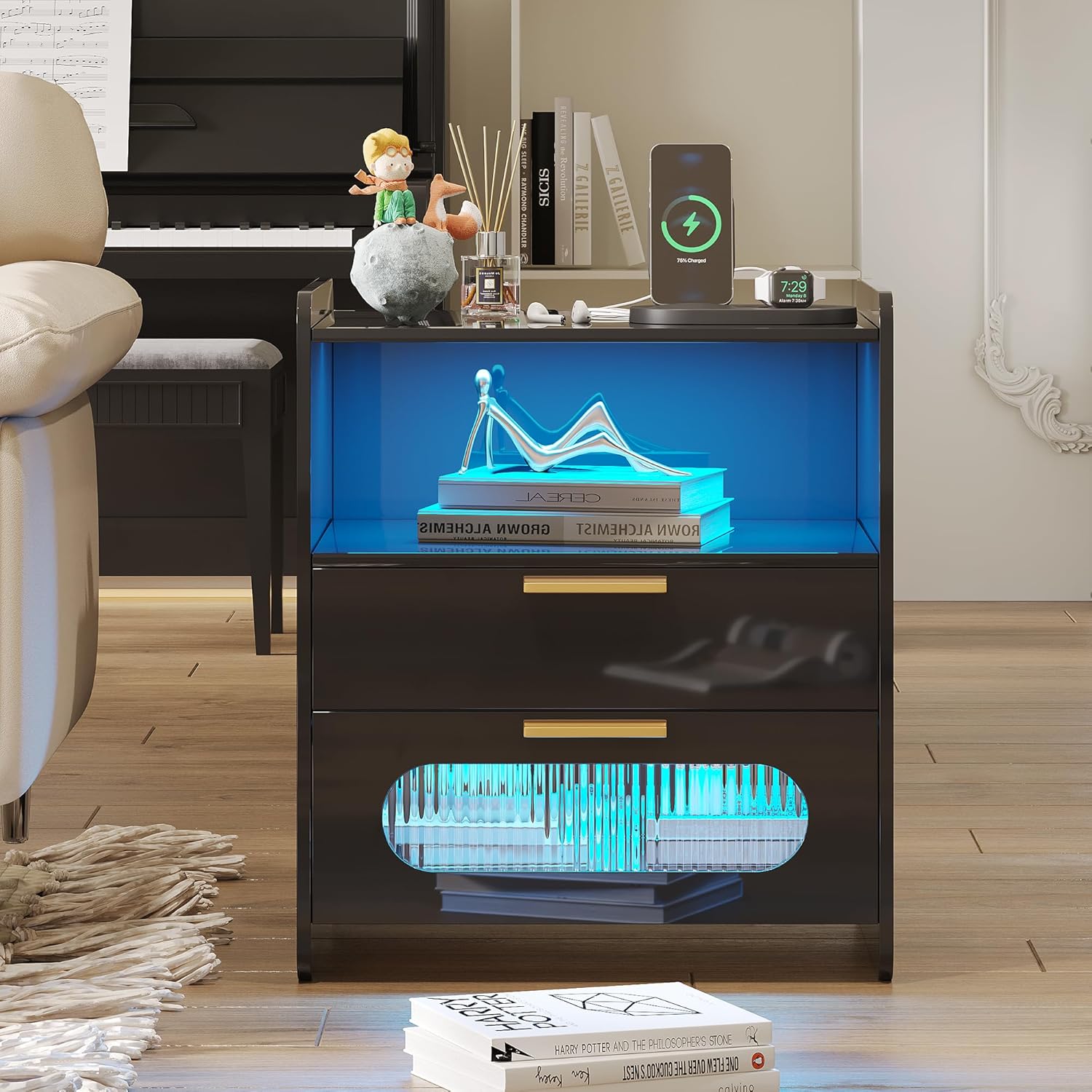 dnbss Mesita de noche RGB con estación de carga, moderna mesita de noche con cajones de almacenamiento de joyas, mesita de noche inteligente para
