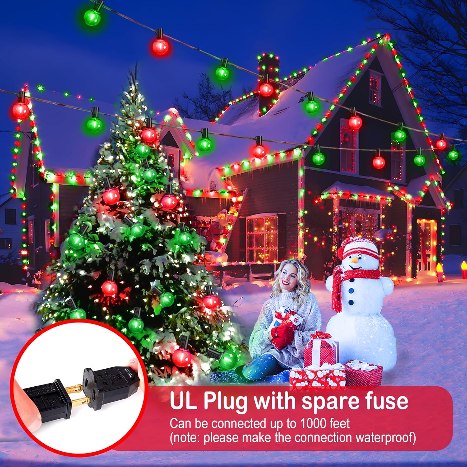 KNONEW Guirnalda de luces LED de Navidad de 33 pies para exteriores, 15 bombillas rojas y verdes G40, impermeables, inastillables, luz colgante para