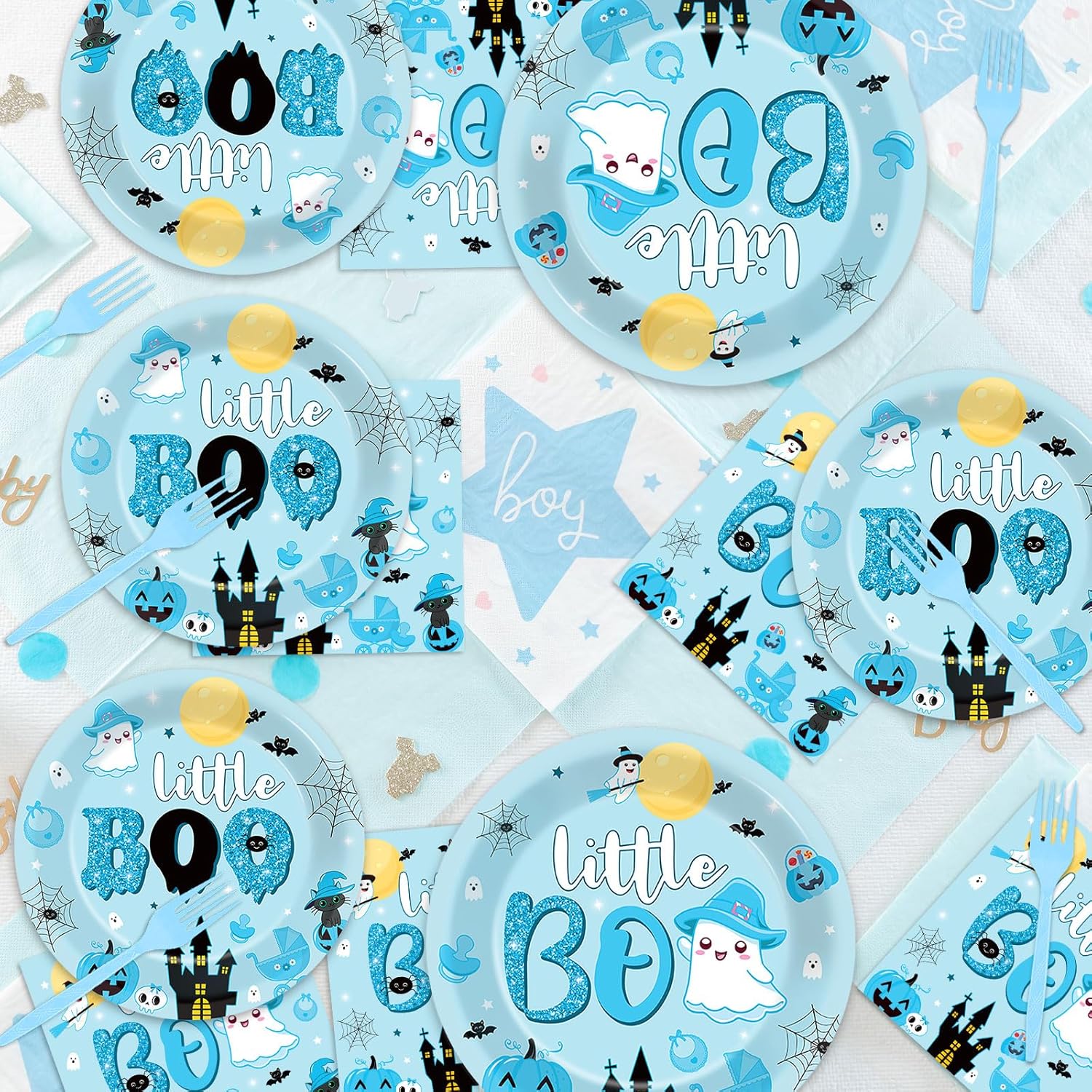 ZOIIWA Juego de 96 piezas de vajilla de Halloween Little Boo Baby Shower para niños, suministros de fiesta de fantasmas para 24 invitados, platos