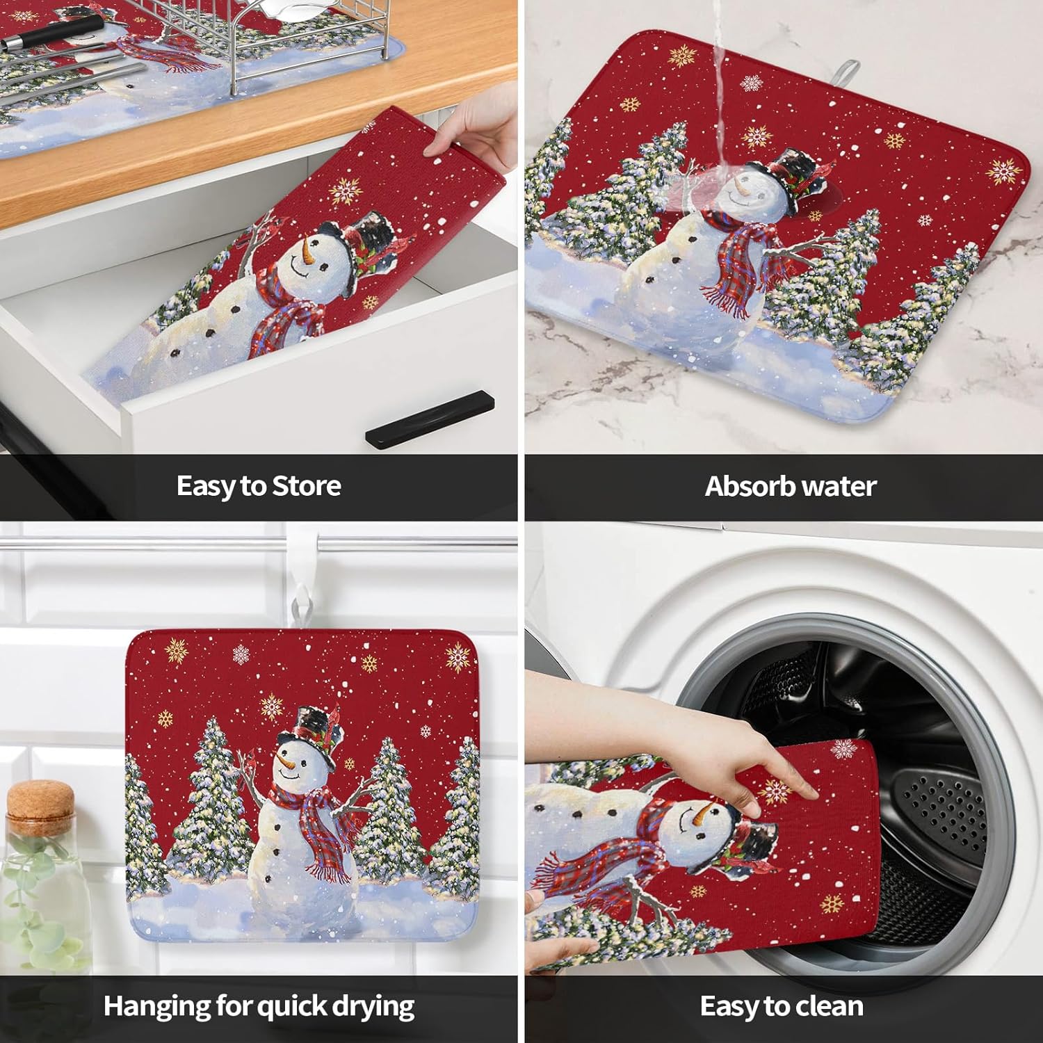 Tapete de secado de platos rojo de Navidad para encimera de cocina, tapete de cocina de secado de muñeco de nieve de Navidad para fregadero,