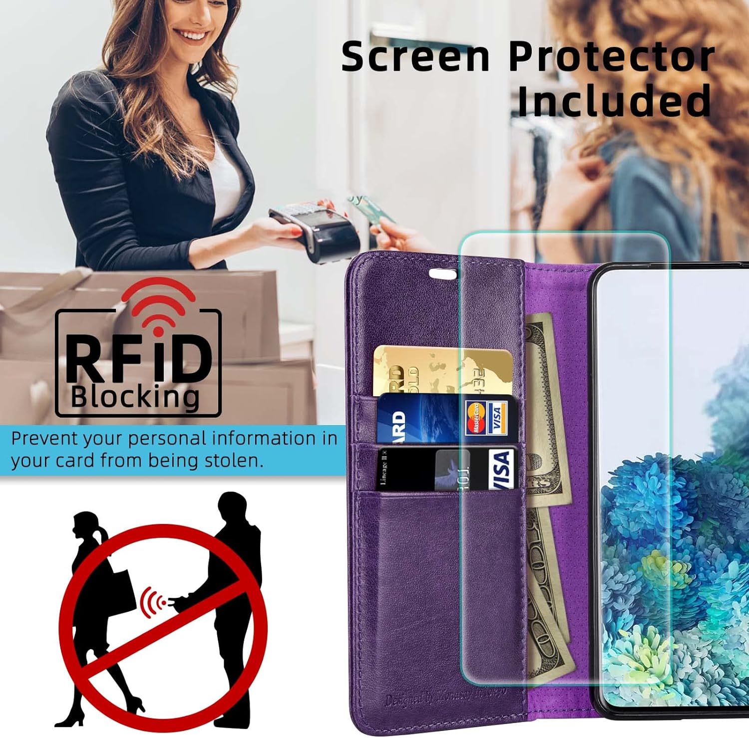 MONASAY Funda tipo cartera compatible con Galaxy S20+ Plus 5G de 6.7 pulgadas, protector de pantalla incluido, funda de piel con tarjetero y