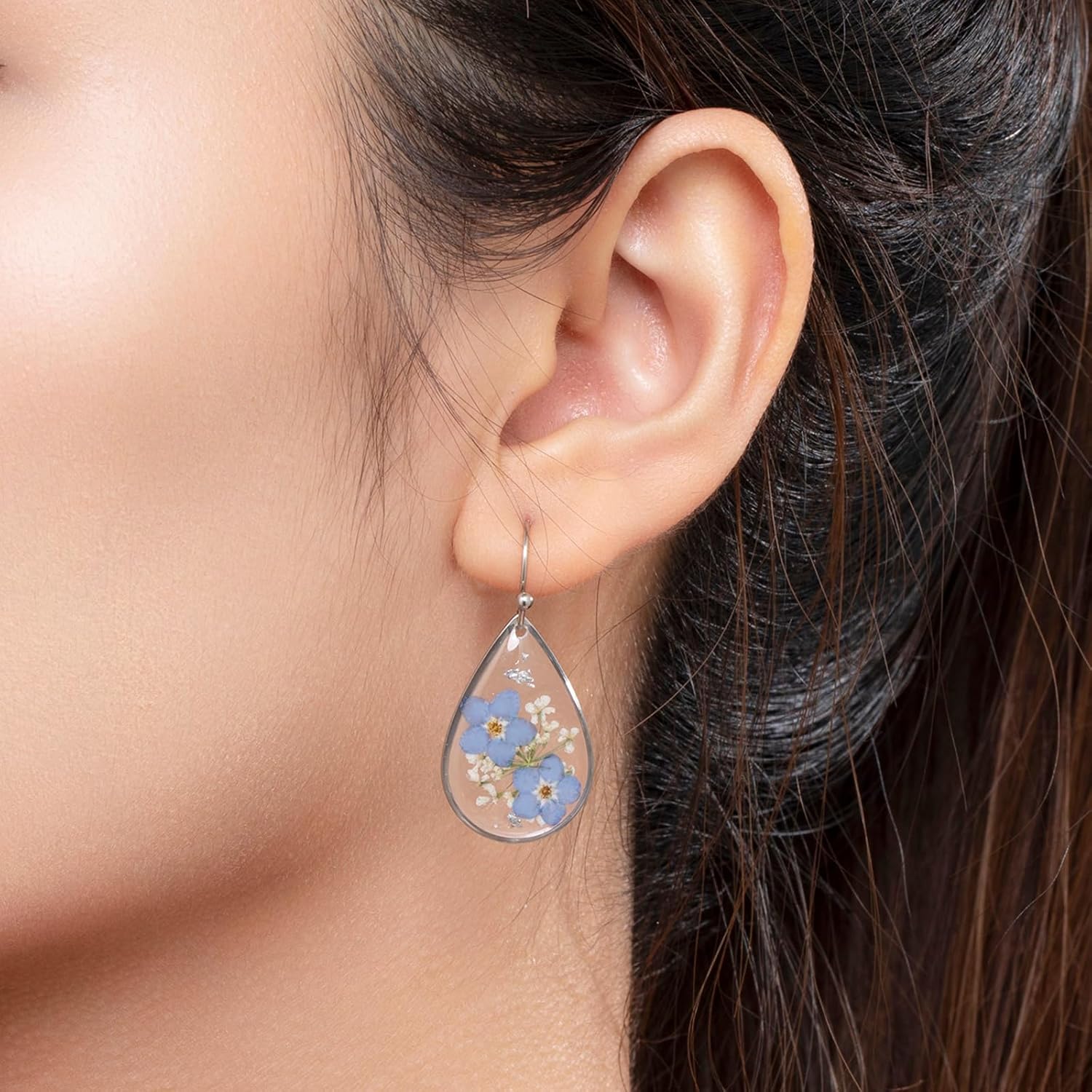 Forget-Me-Not and Queen Anne’s Lace Pressed Wildflower Earrings  Silver Drop Dangle Earrings for Girls  Alaska State Flower Earrings  Personalized