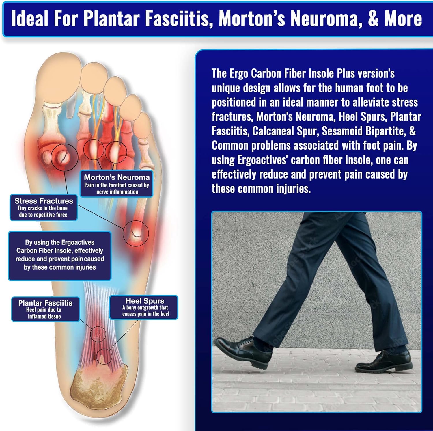 Plantilla de fibra de carbono Ergo Plus, rígida con acolchado para hombres y mujeres (tallas M 9-12 y W 7-9) alivia los neuromas de Morton, Hallux