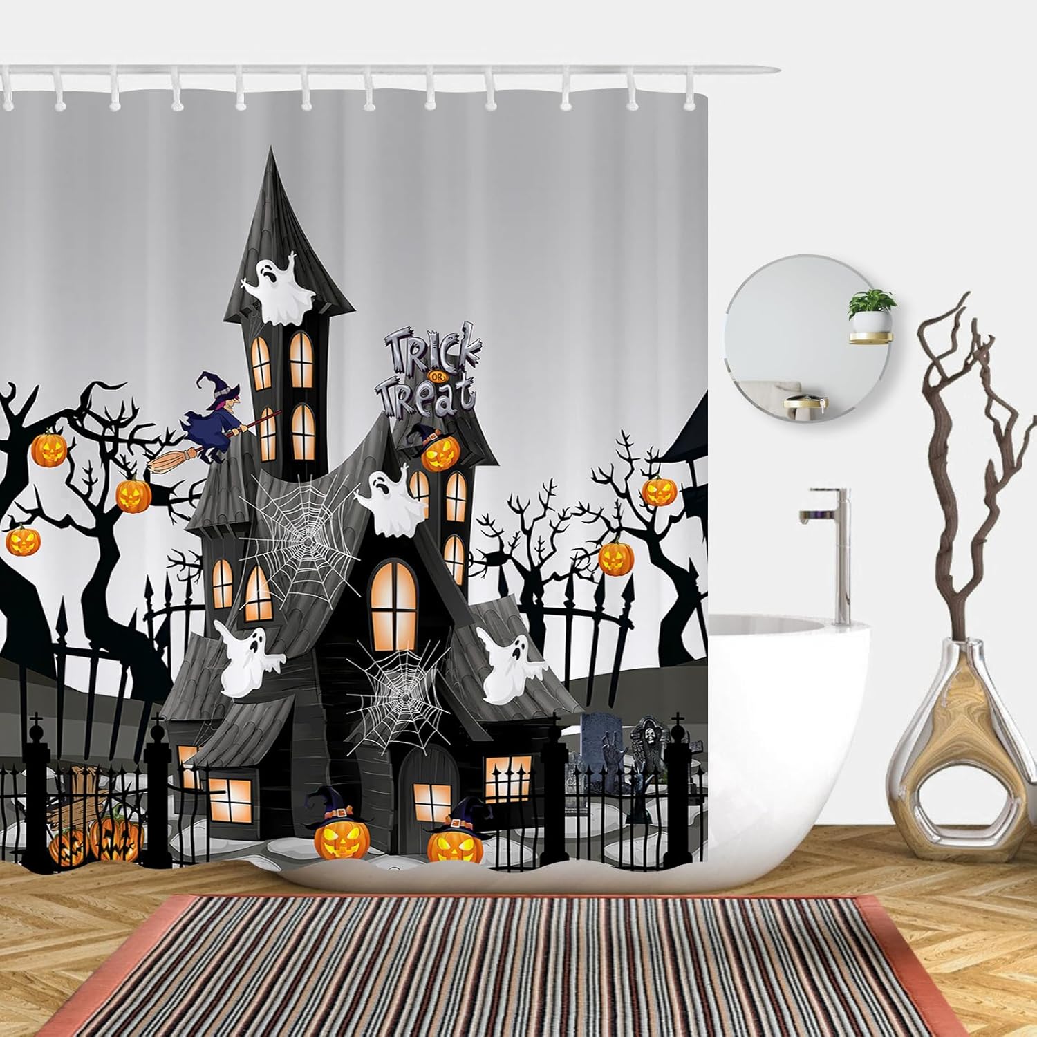 ARESD Cortina de ducha de Halloween para baño, cortina de baño de tela de araña, tela de poliéster, impermeable, decoración de Halloween, con 12