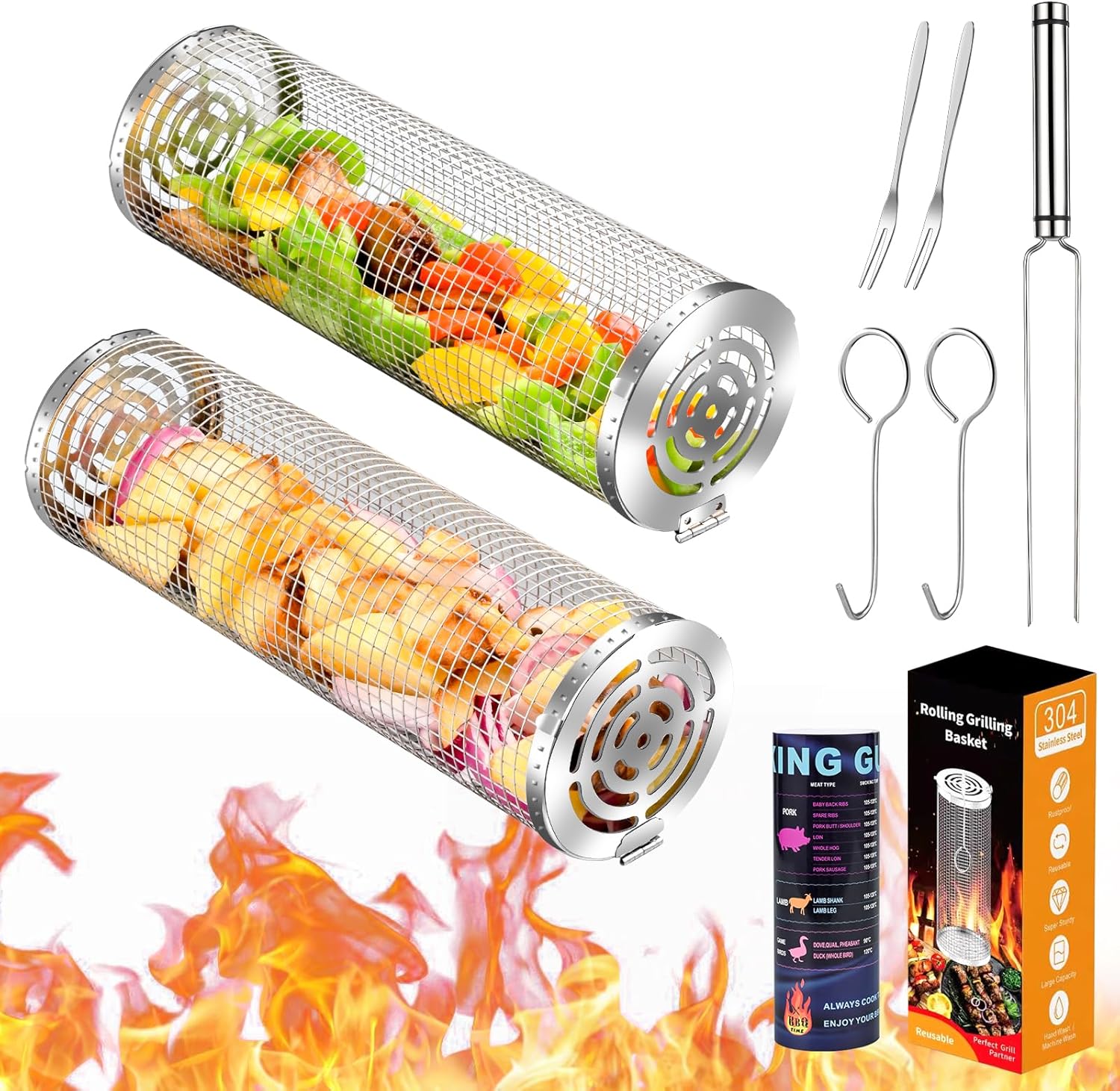 Cestas de parrilla para parrilla al aire libre, cestas enrollables para parrilla, cestas para parrilla de barbacoa, accesorios de parrilla de acero