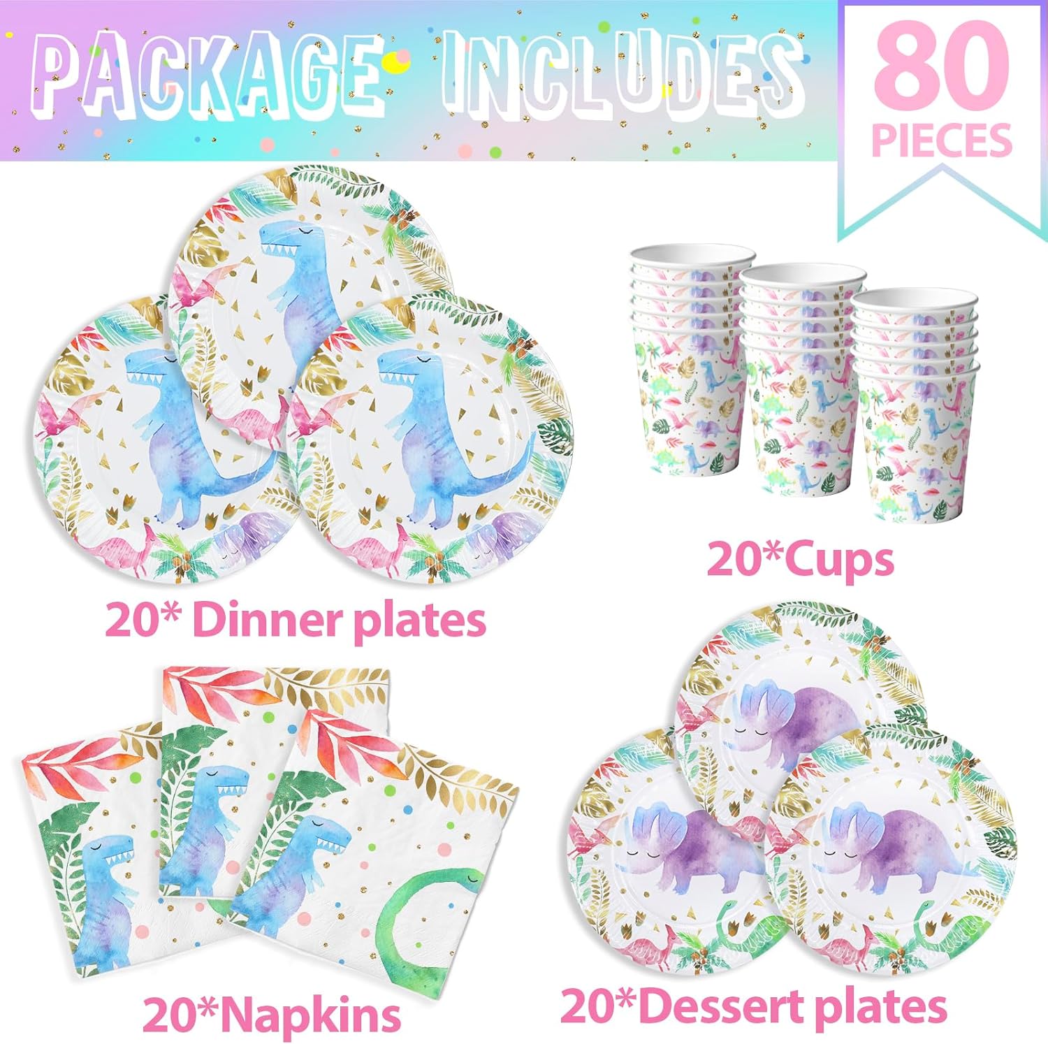 Juego de vajilla de fiesta de dinosaurio de acuarela para niña, suministros para fiesta de cumpleaños de dinosaurio rosa, incluye platos para tartas