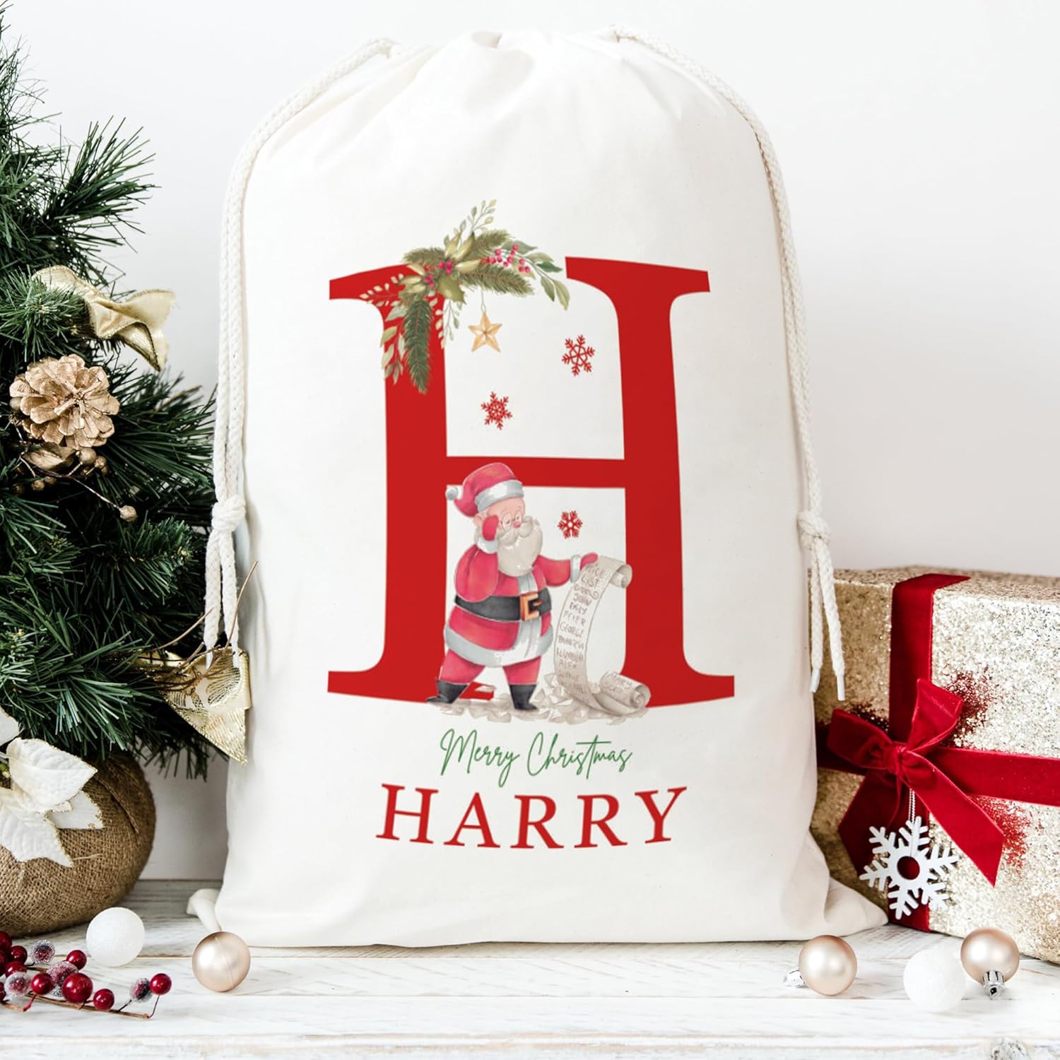 Saco de Papá Noel personalizado con inicial y nombre para niños, bolsas de regalo de Navidad personalizadas para regalos de vacaciones, caja de