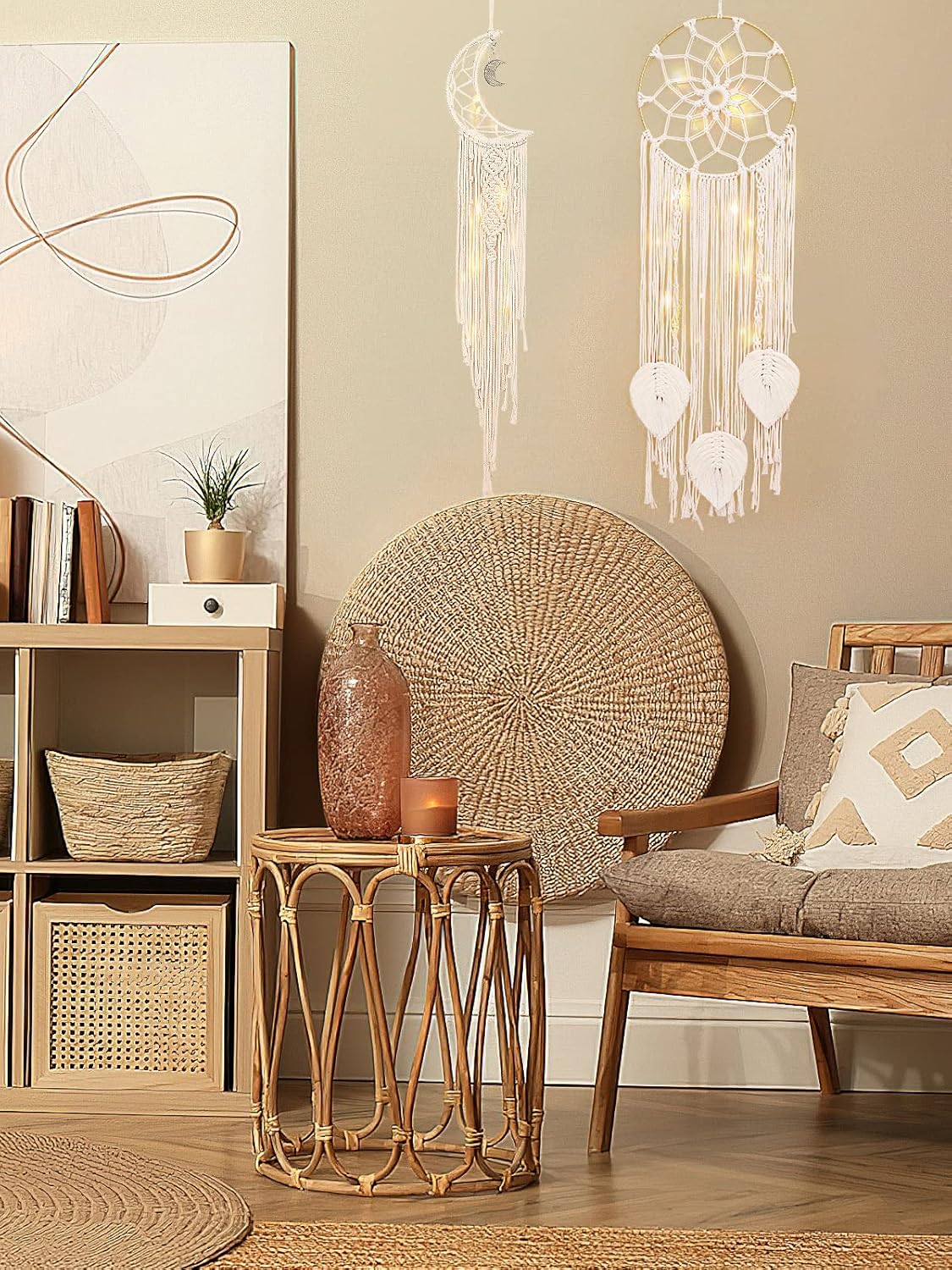 Shinowa Atrapasueños, macramé de algodón para colgar en la pared, atrapasueños con luces de hadas, atrapasueños bohemio para dormitorio de adultos,