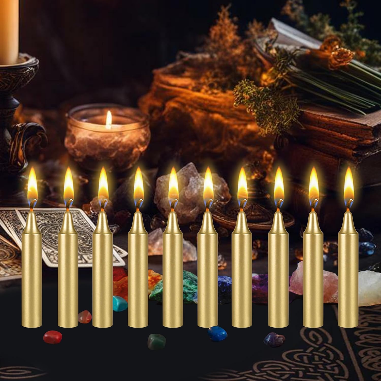 Mega Candles 10 mini velas cónicas doradas sin perfume, 4 pulgadas de alto x 34 pulgadas de diámetro, campanadas supremas, encanto, rituales,