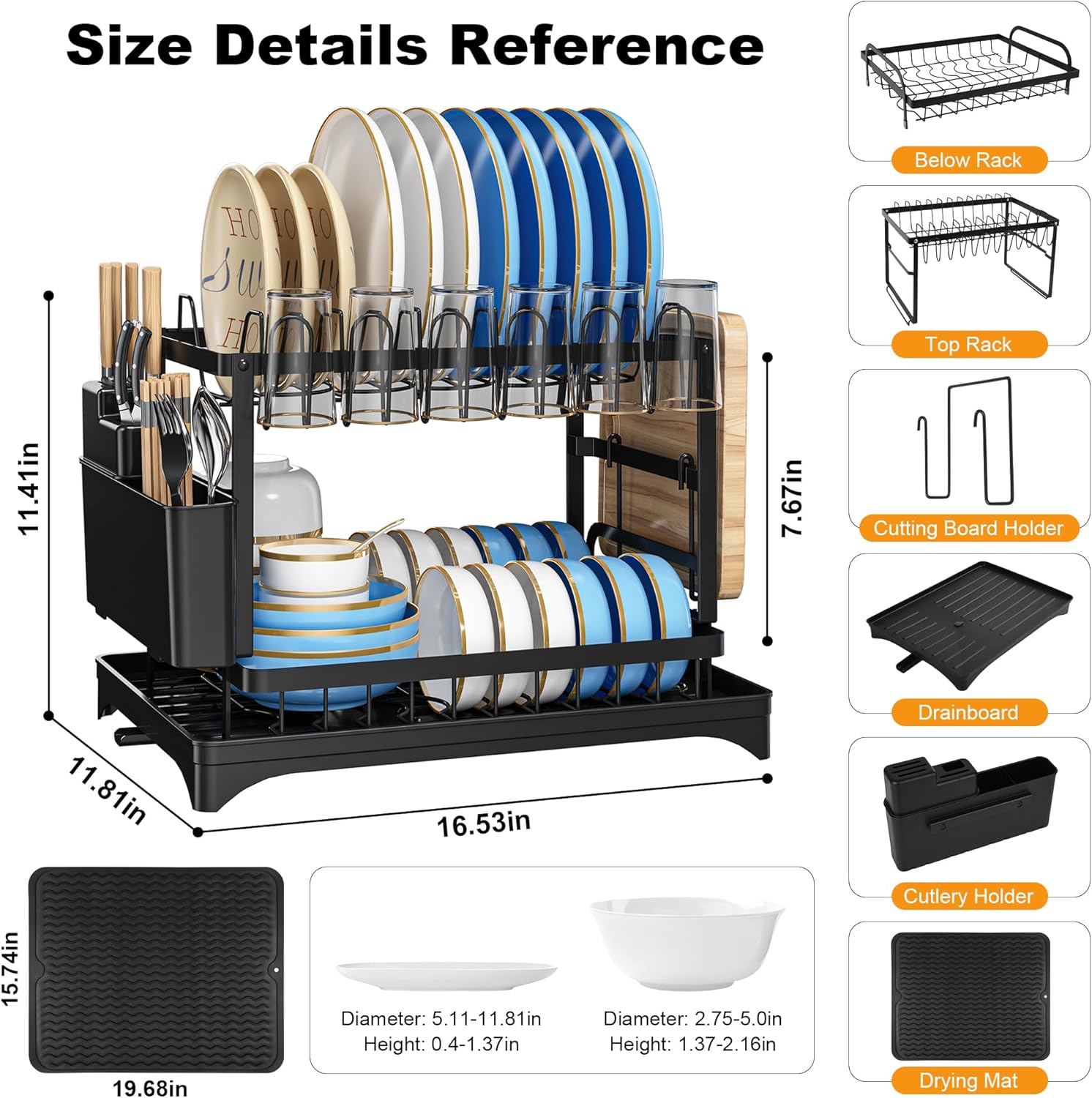 Escurridor de platos grande desmontable de 2 niveles sobre la encimera de la cocina con escurridor y tapete de secado de platos de silicona, estante