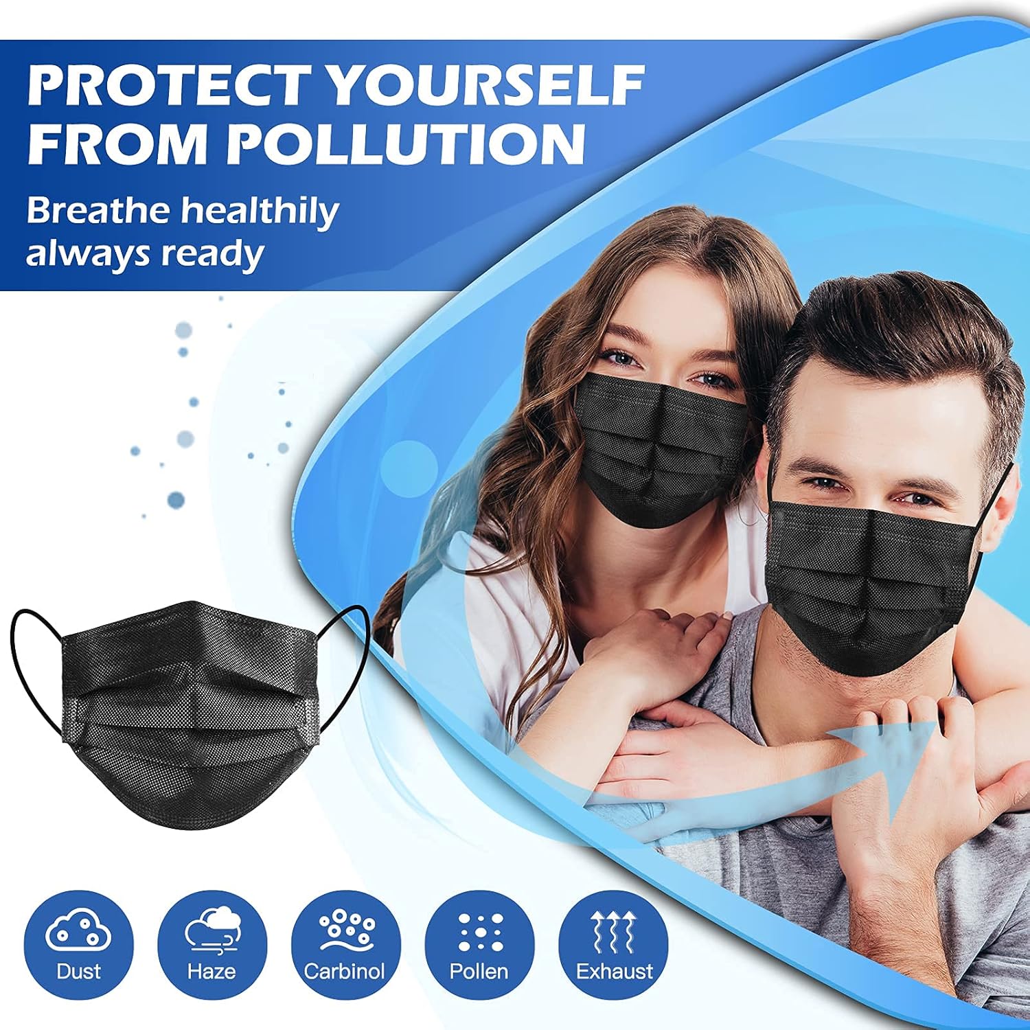 XDX Mascarillas desechables negras, paquete de 50 unidades, mascarillas de 4 capas envueltas individualmente para mujeres, hombres, adultos, unisex,