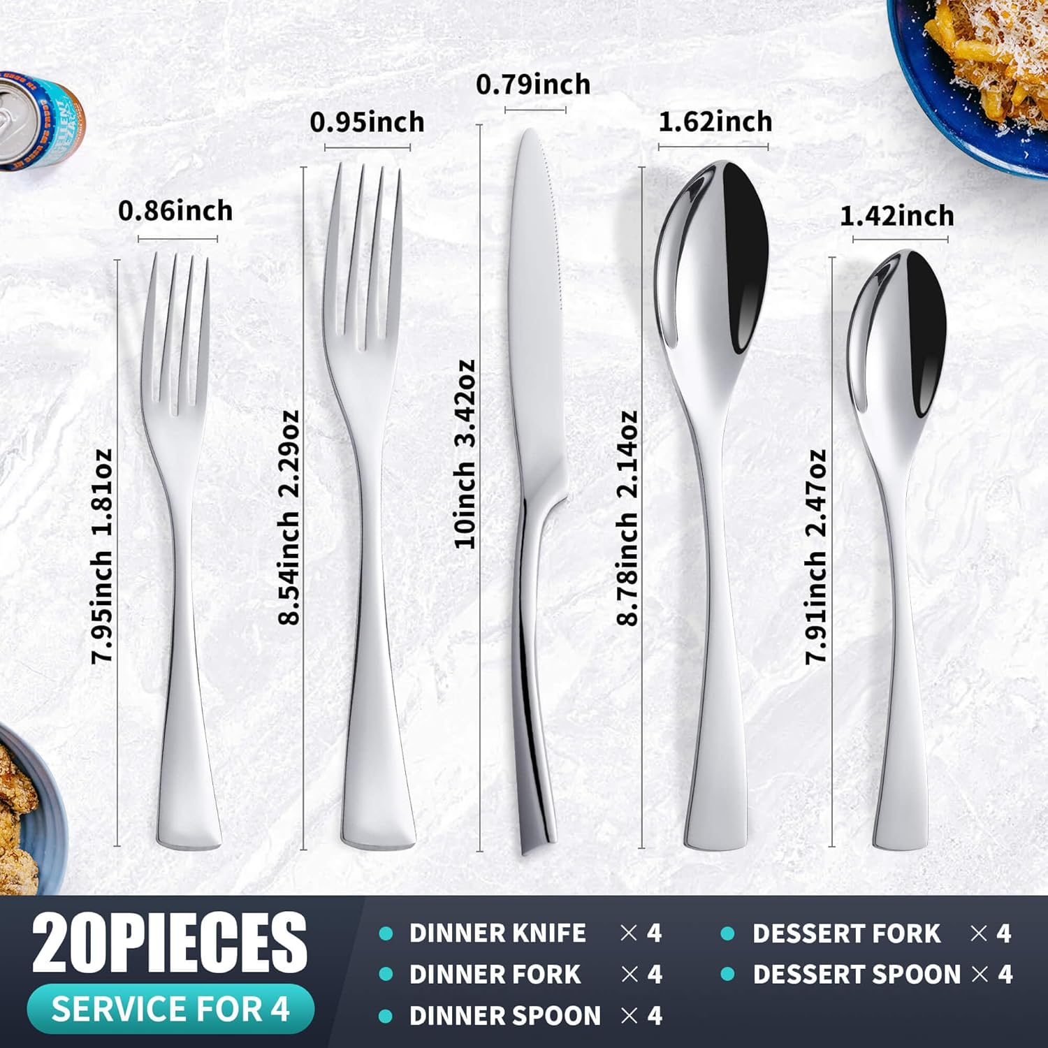 Joincook Juego de cubiertos de 20 piezas para 4, moderno juego de cubiertos de acero inoxidable 1810, juego de utensilios para el hogar,