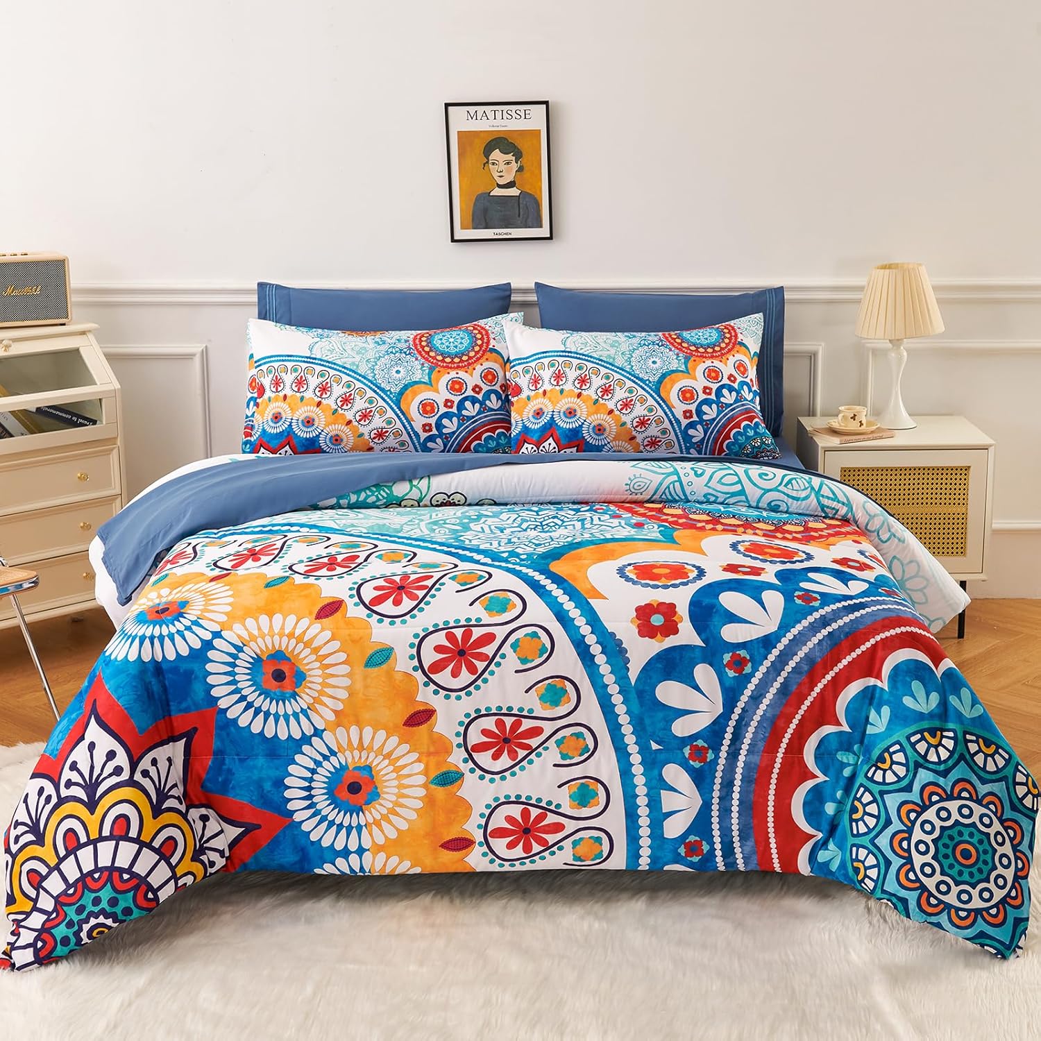YIYEA Juego de edredón tamaño King  Estampado floral  7 piezas de cama en una bolsa  Juegos de ropa de cama para todas las estaciones con edredón,