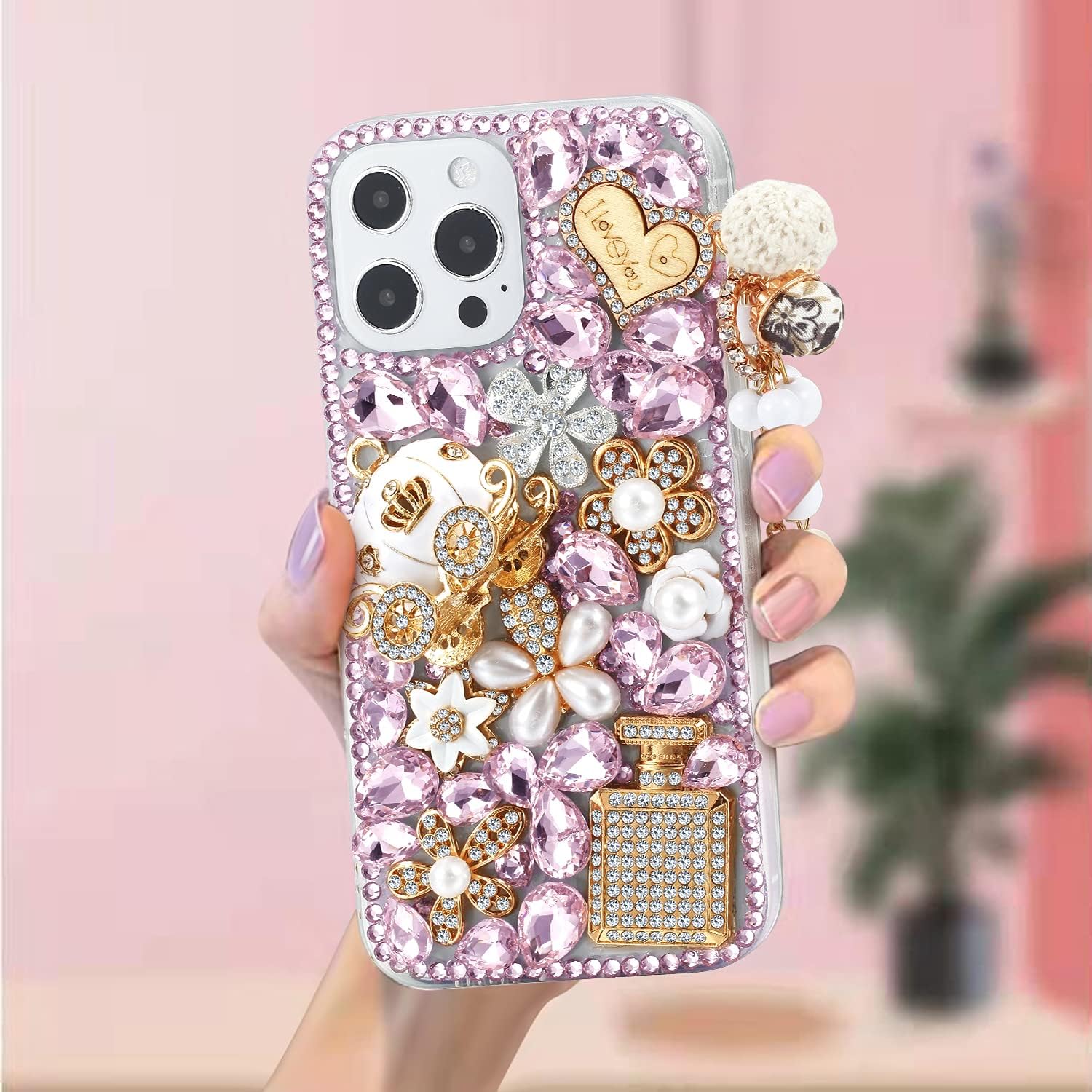 Funda para iPhone 13 Pro con diamantes de imitación, bonita funda con purpurina para mujeres y niñas, diseño de calabaza, cristal brillante, con