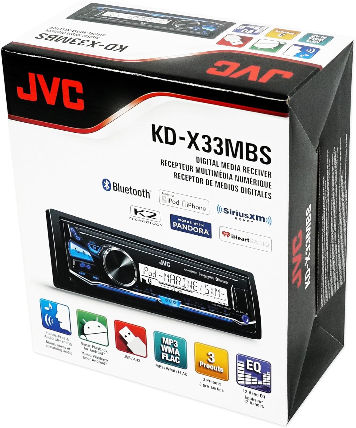 Paquete JVC KD-X33MBS – Receptor de medios digitales marinos de 1DIN con Bluetooth, USB y control Pandora + par de altavoces Kicker 41KM604W 6.5
