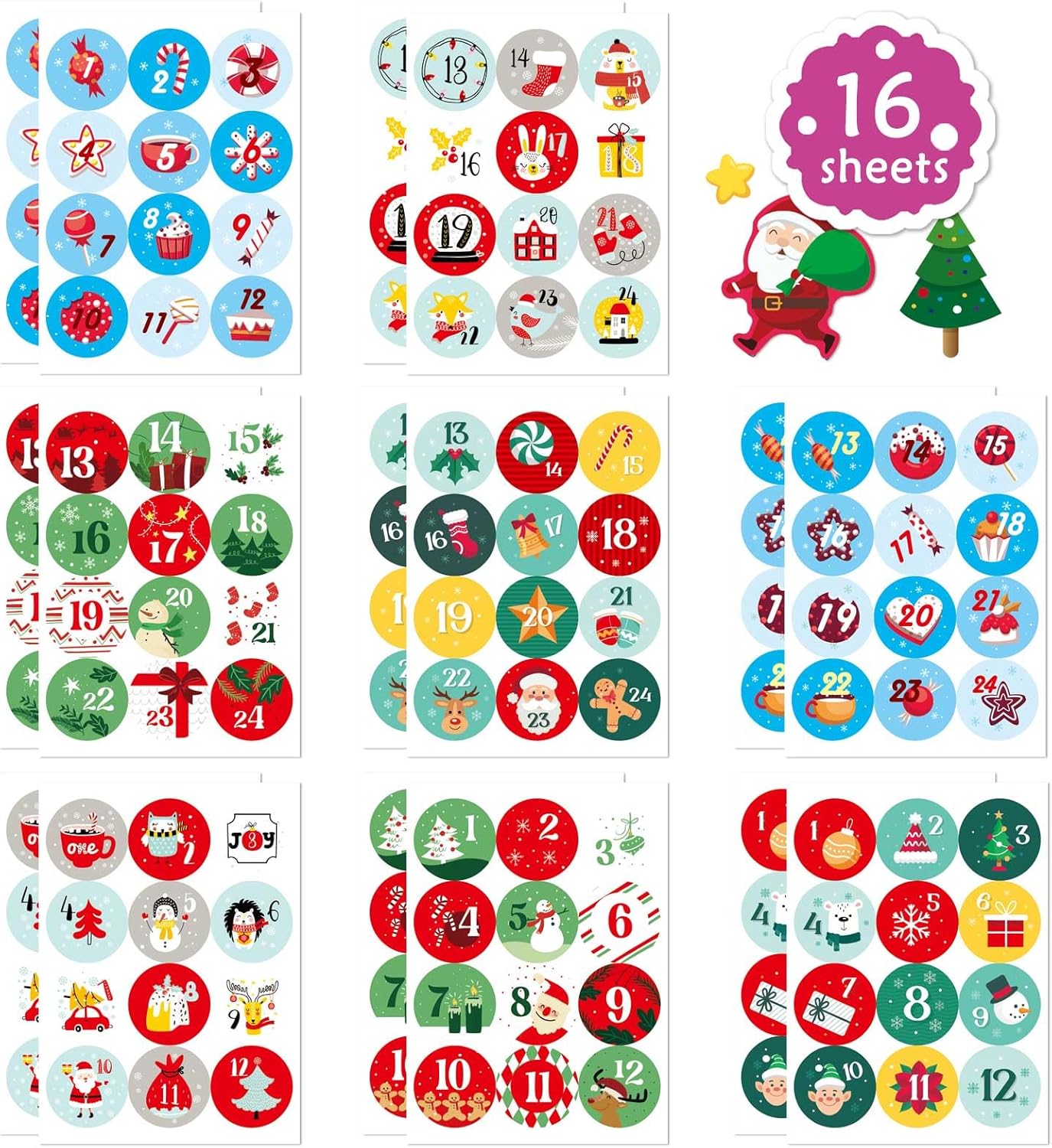 16 hojas de calcomanías de números del calendario de Adviento de Navidad, calcomanías de cuenta regresiva de 24 días, etiquetas de regalo de Navidad