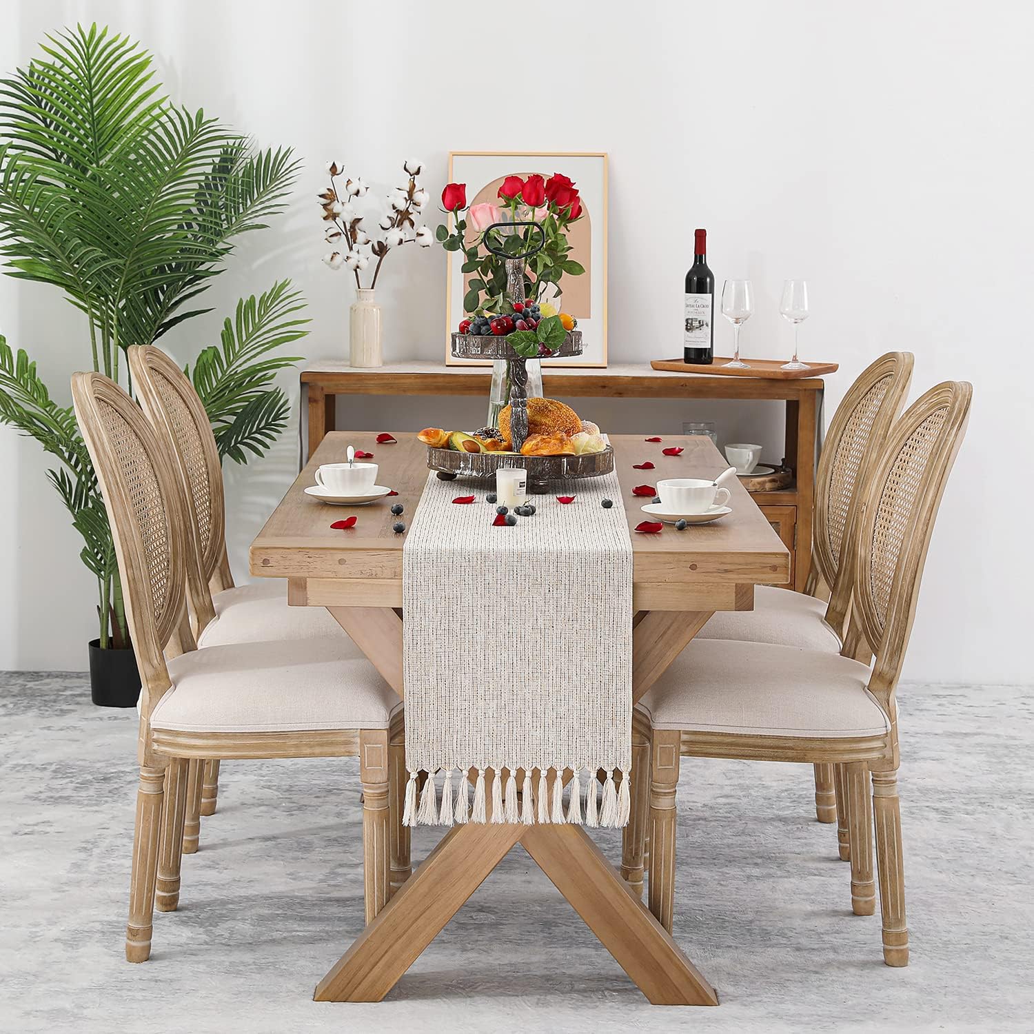 Camino de mesa rústico de estilo granja, lino de arpillera gruesa y bohemio, lavable de 108 pulgadas de largo para decoración de comedor, tocador,