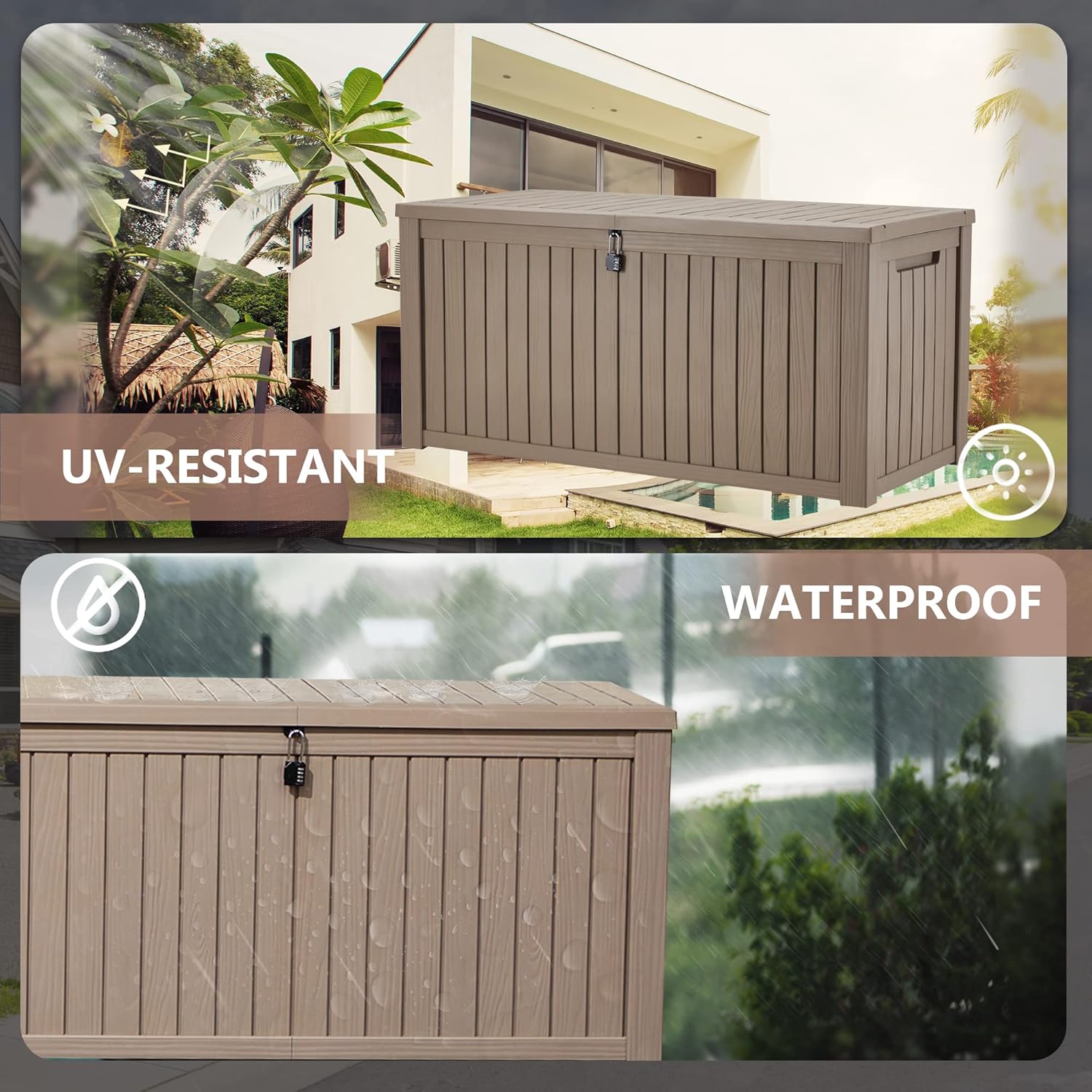 HABUTWAY Caja grande de almacenamiento para exteriores, banco de almacenamiento impermeable con candado de resina para patio, caja de almacenamiento