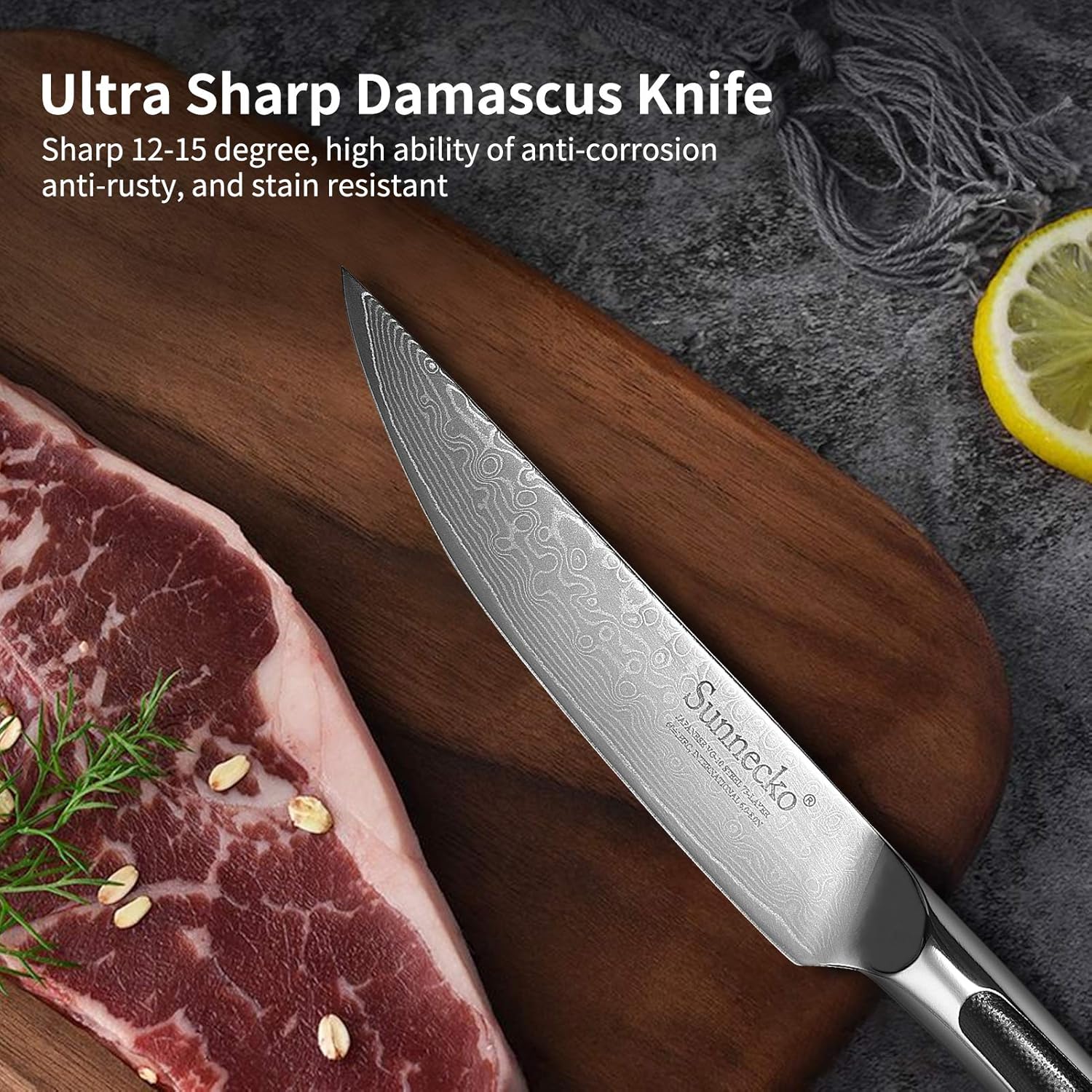 Sunnecko Cuchillo para carne de cocina de 5 pulgadas, cuchillo de carne de Damasco VG-10, cuchillo japonés de acero inoxidable, sin dentar, acero