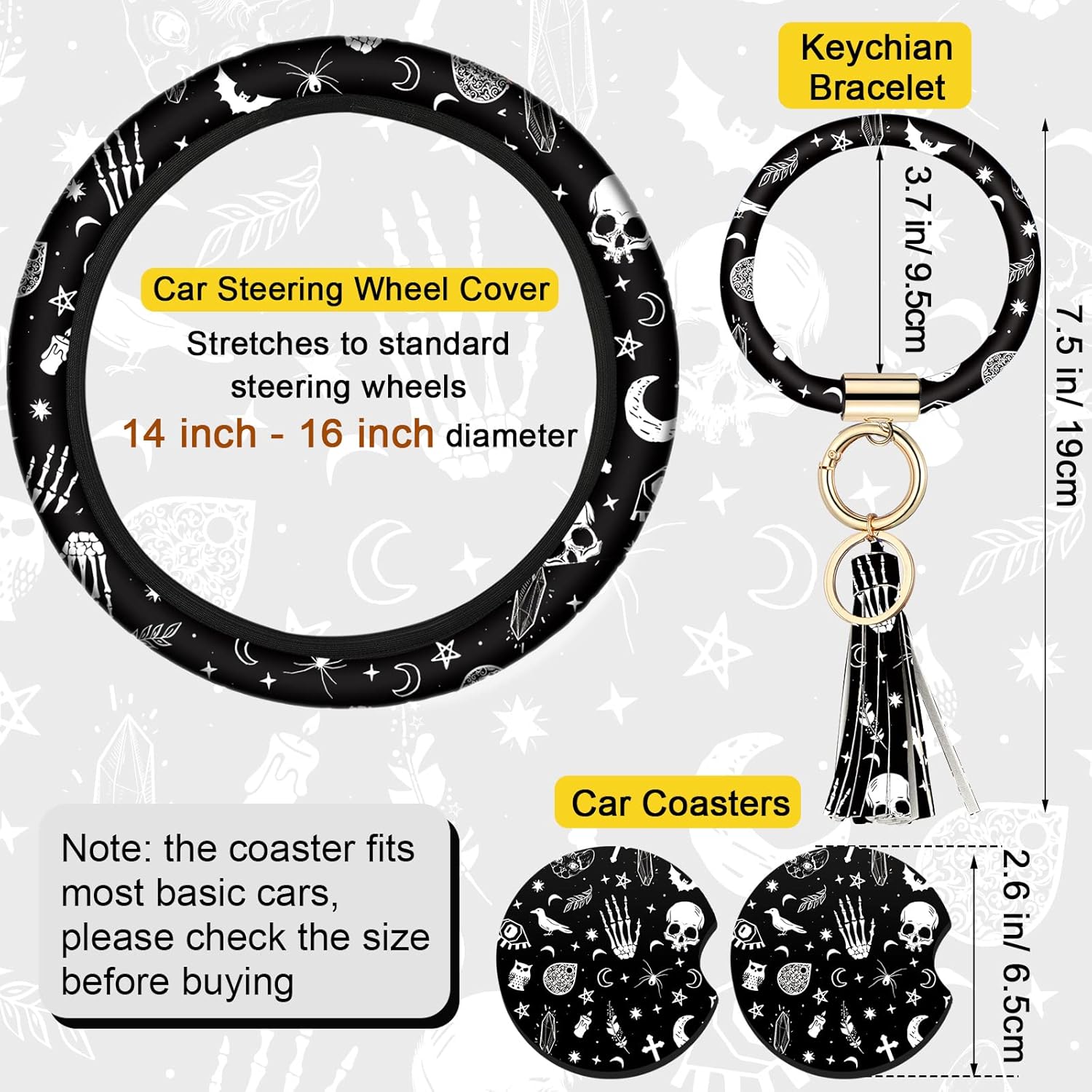 Juego de 4 accesorios para automóvil con estampado de lunas negras y estrellas blancas con 2 portavasos y llavero de cuero para camión SUV (patrón