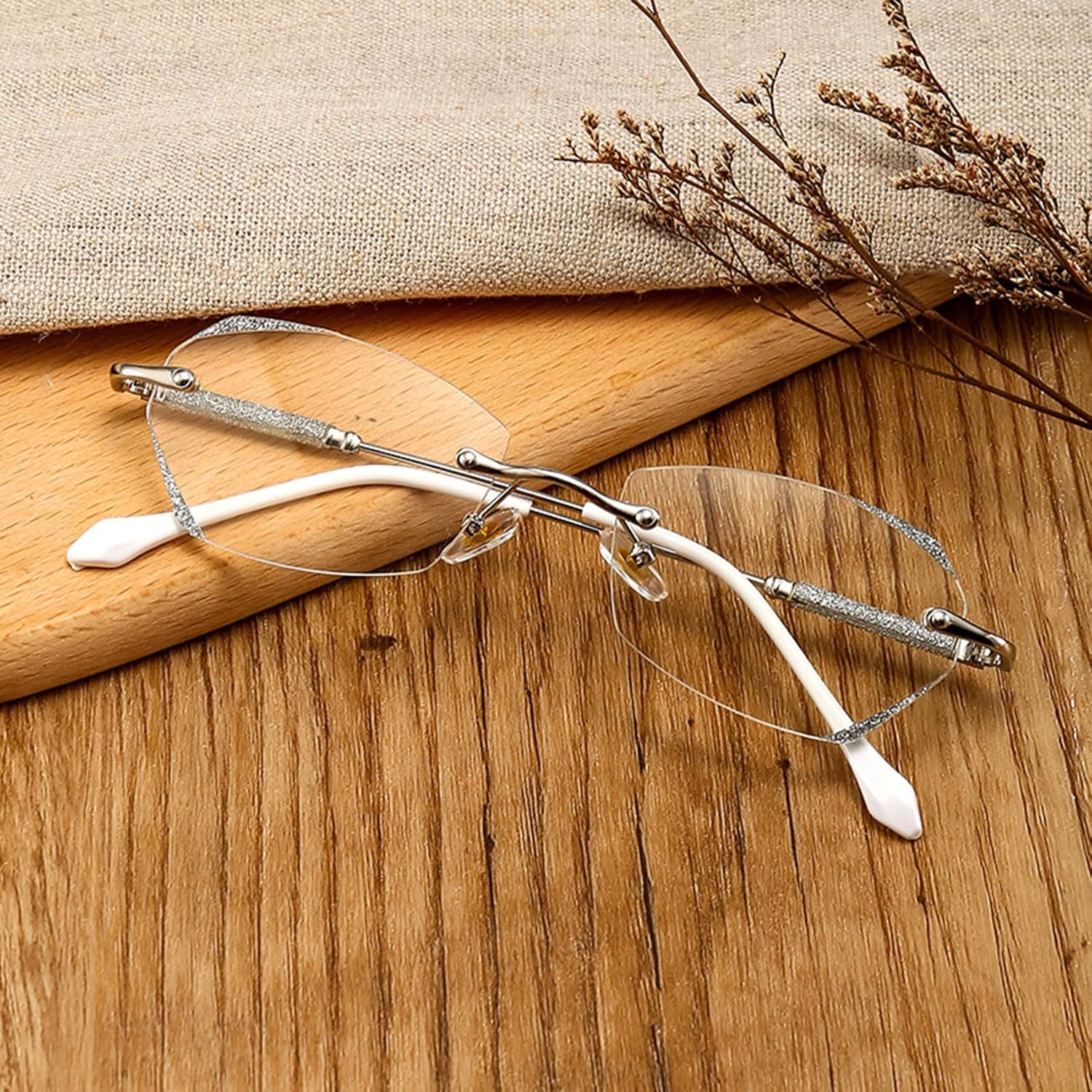 Donpidd Gafas de lectura sin montura de luz anti-azul de moda, gafas de presbicia de luz anti-azul sin montura de diamante para mujer