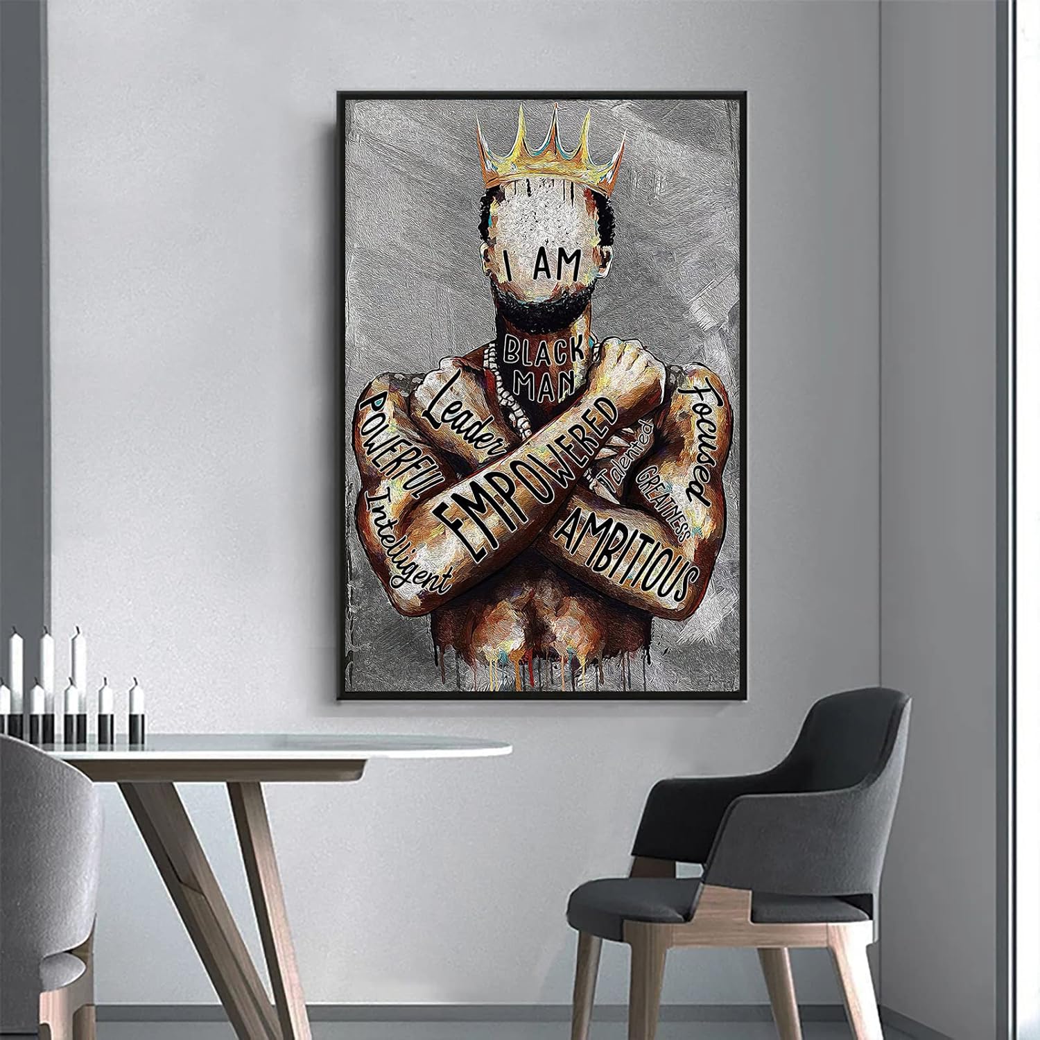 Arte de pared de hombre negro, póster de hombre afroamericano con texto en inglés “I Am Empowered King”, frases motivacionales, retrato de hombre