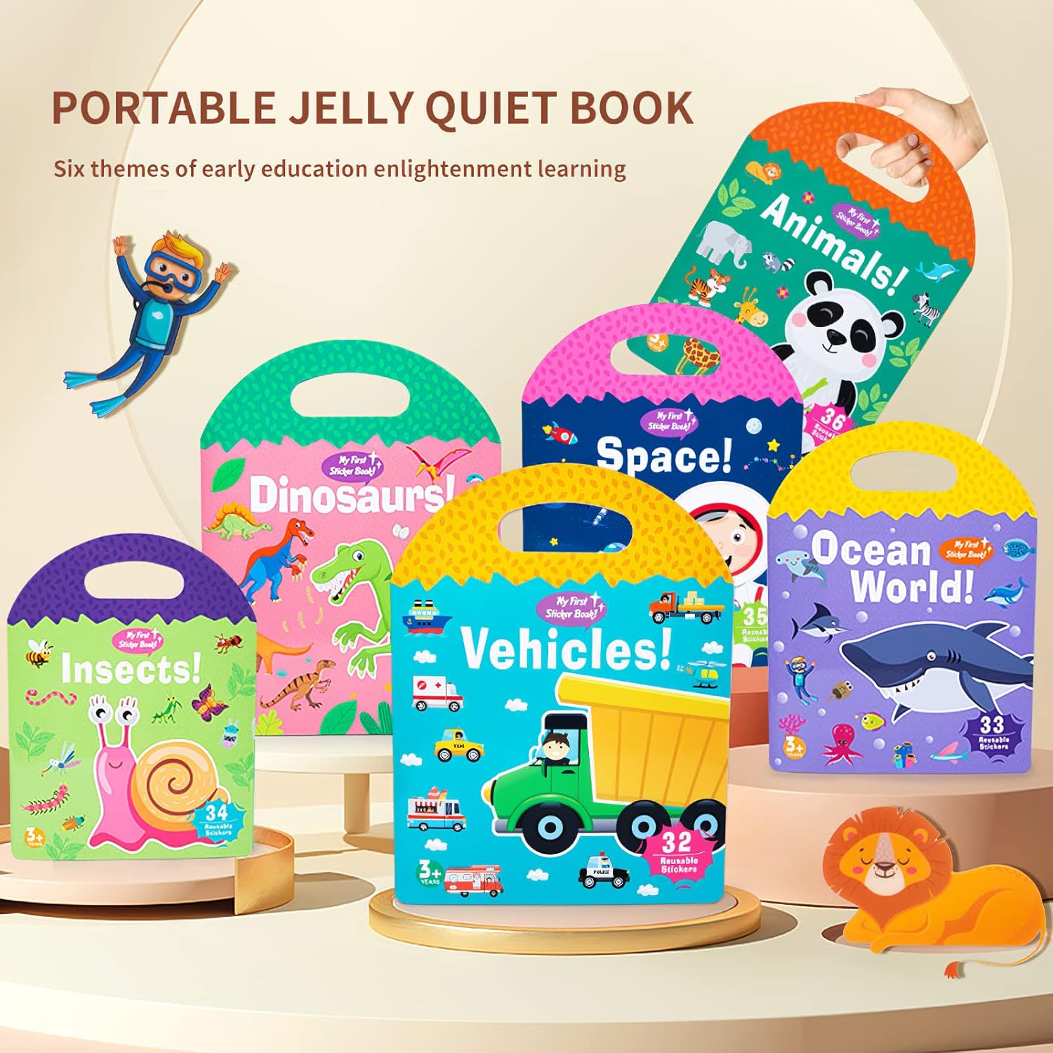 Portable Jelly Sticker Quiet Book for Kids, Reusable Sticker Book for Toddlers, Preschool Learning Activities, Animal Travel Toys (Animals)