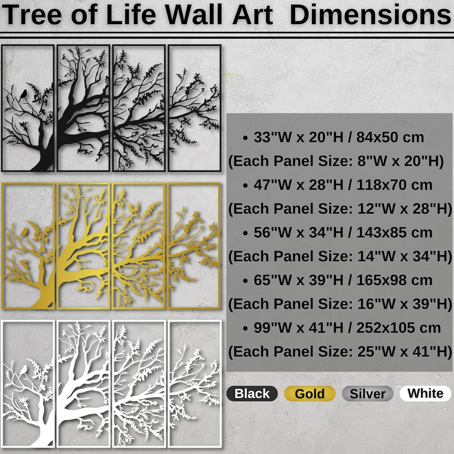Arte de pared con árbol de la vida, juego de 4 piezas de arte de pared de árbol de metal, letrero de árbol, arte de pared de metal del árbol de la
